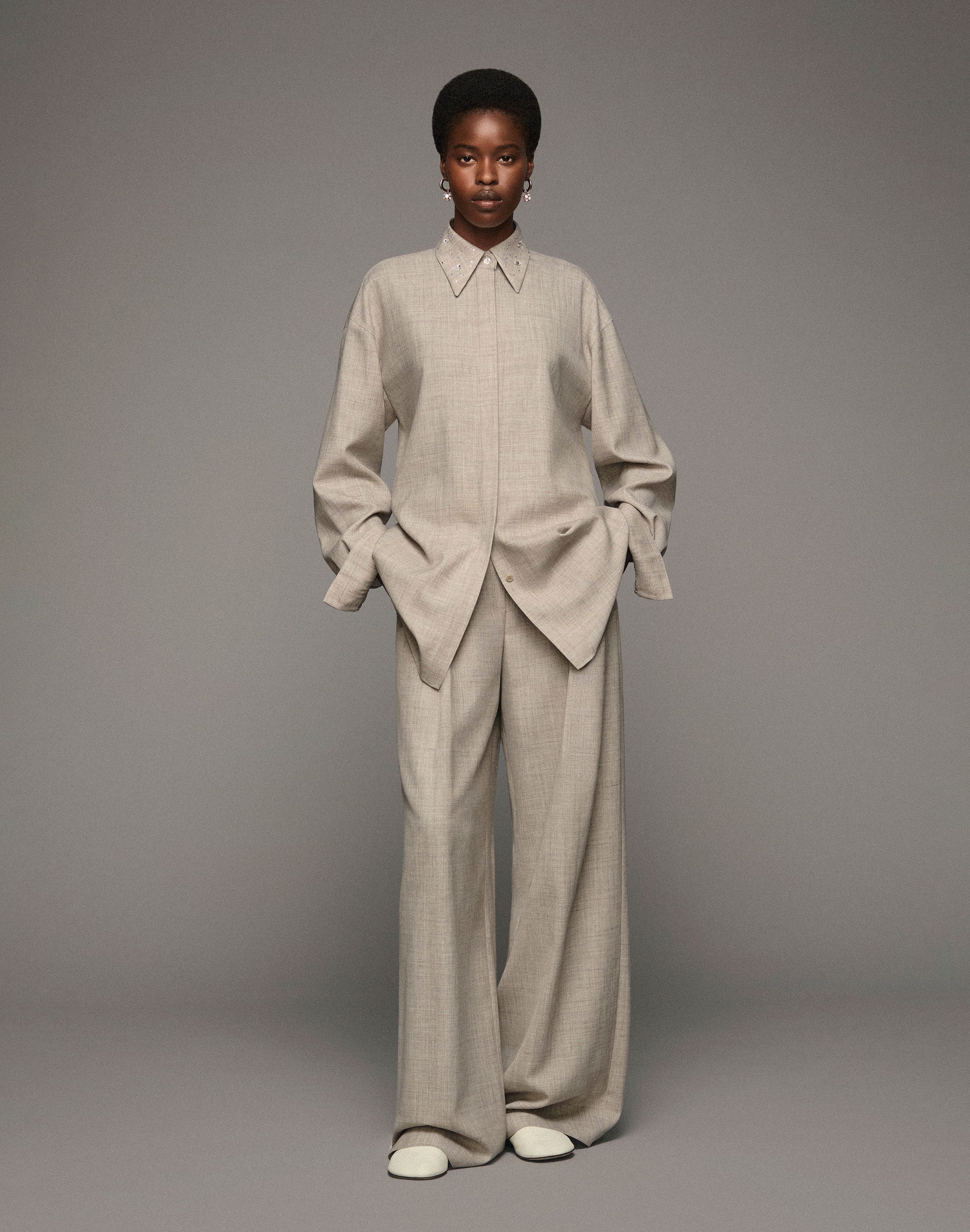 Plus-Size Tropical Wool-Silk Crystal Embellished Collar Oversized Shirt 