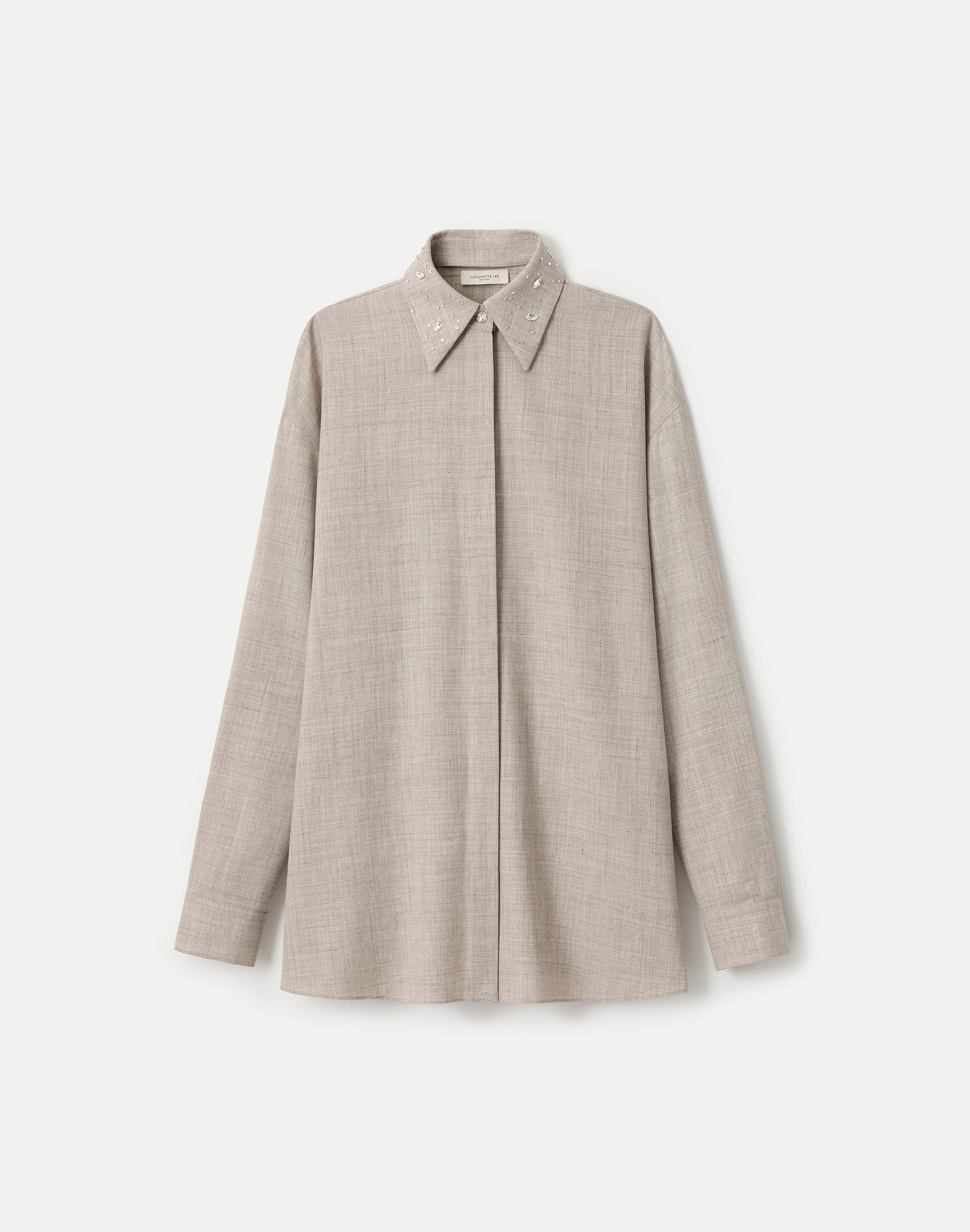Plus-Size Tropical Wool-Silk Crystal Embellished Collar Oversized Shirt 
