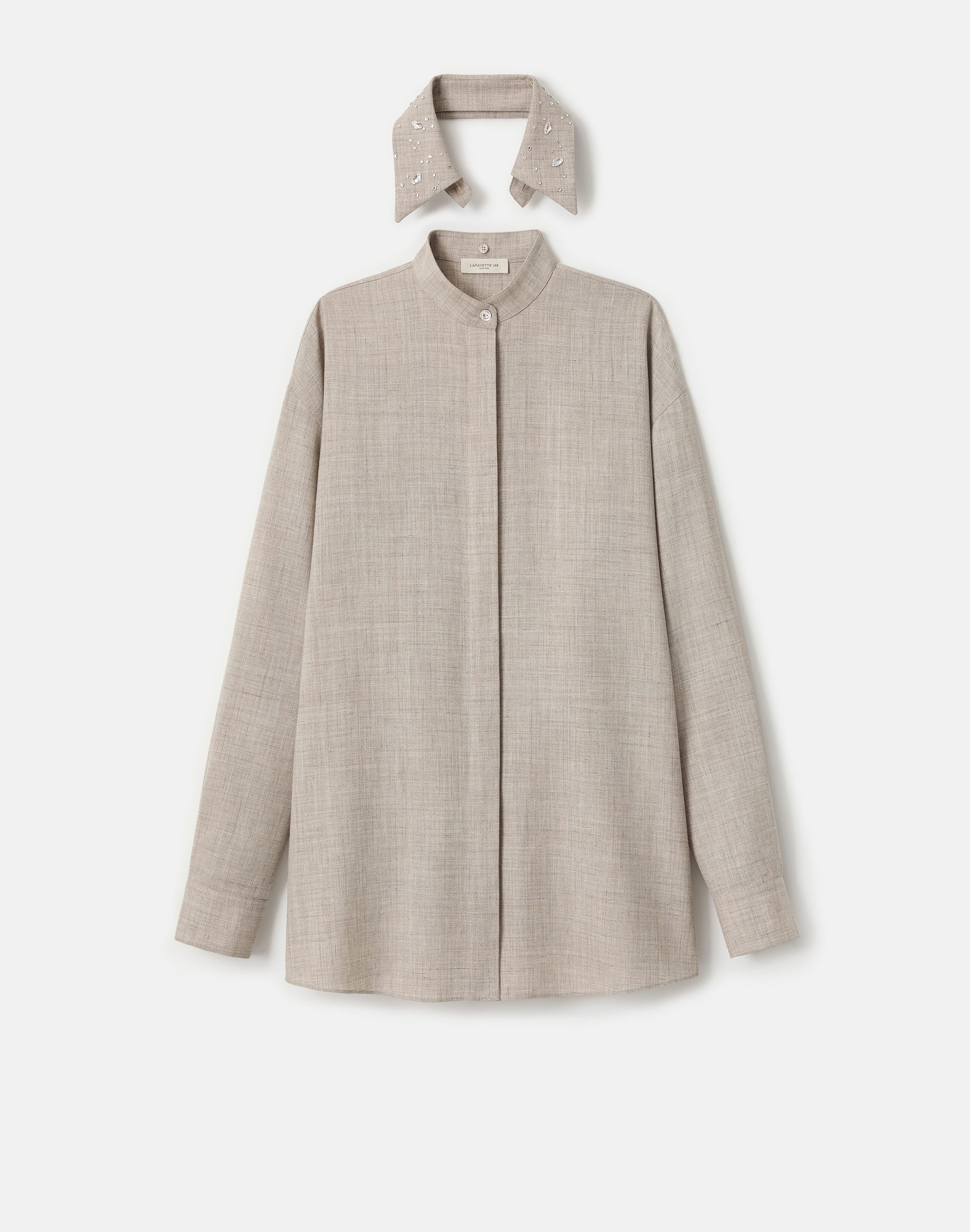 Plus-Size Tropical Wool-Silk Crystal Embellished Collar Oversized Shirt 