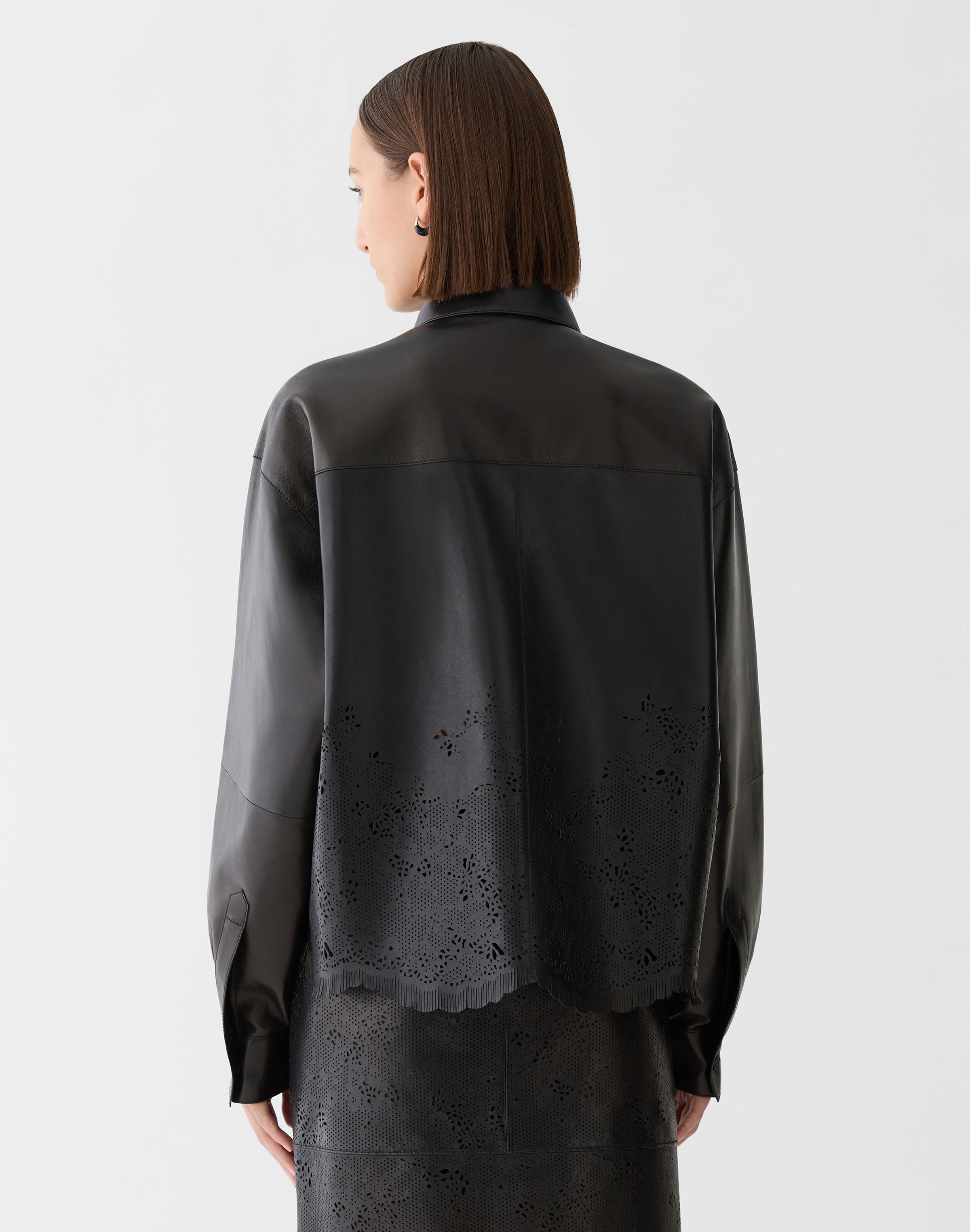 Laser Cut Nappa Leather Oversized Cropped Shirt