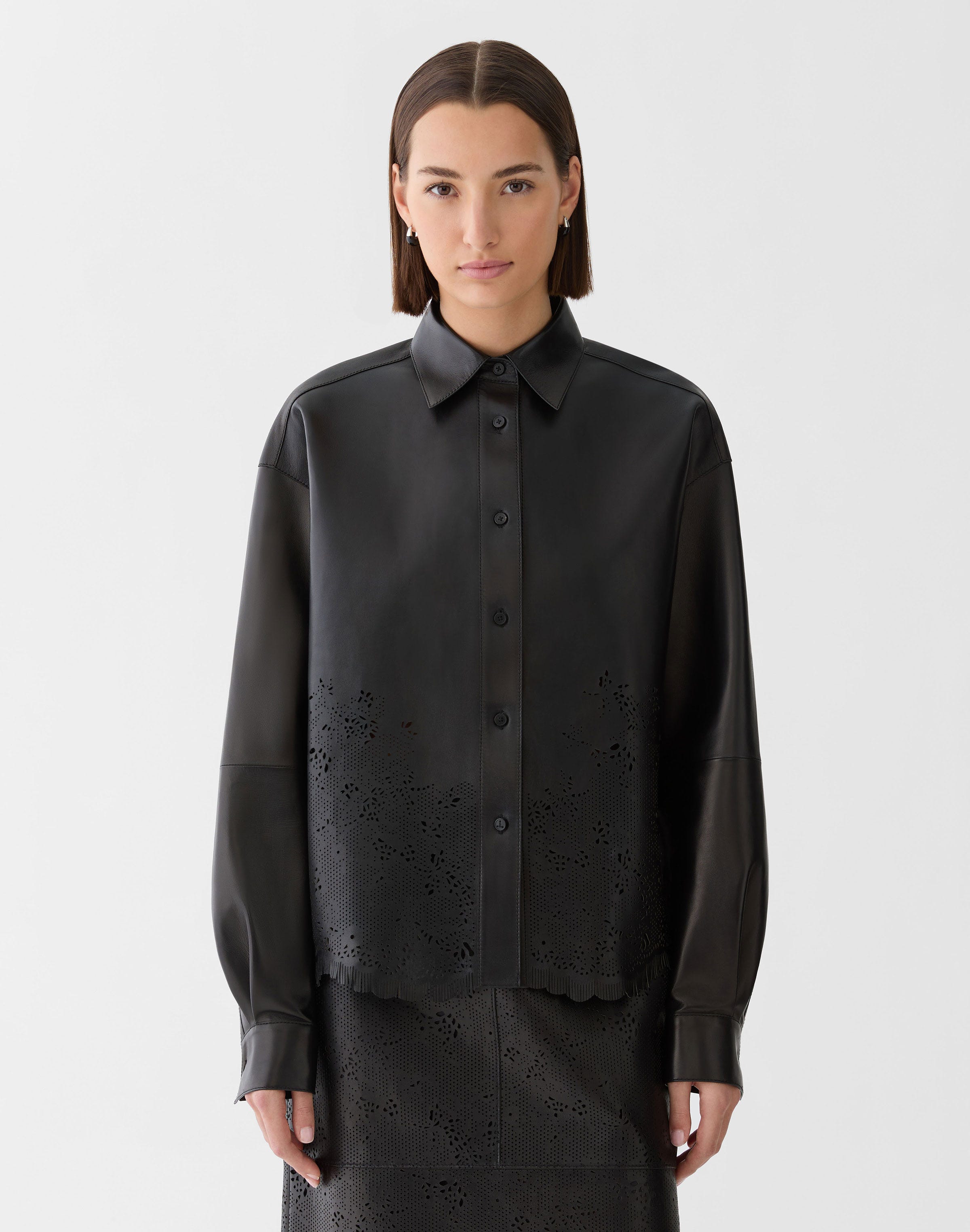 Laser Cut Nappa Leather Oversized Cropped Shirt