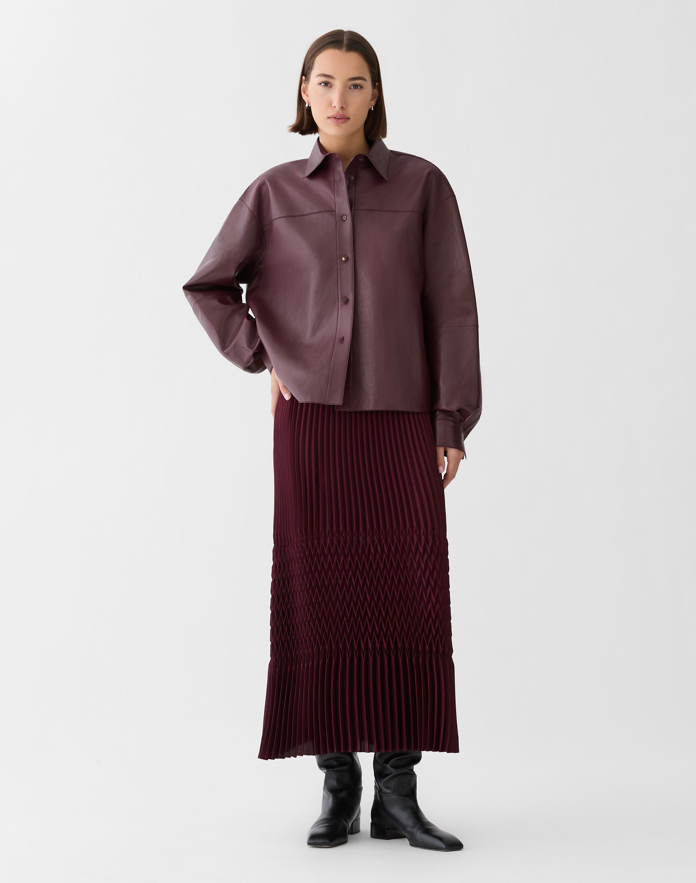 Plus-Size Nappa Leather Oversized Cropped Shirt