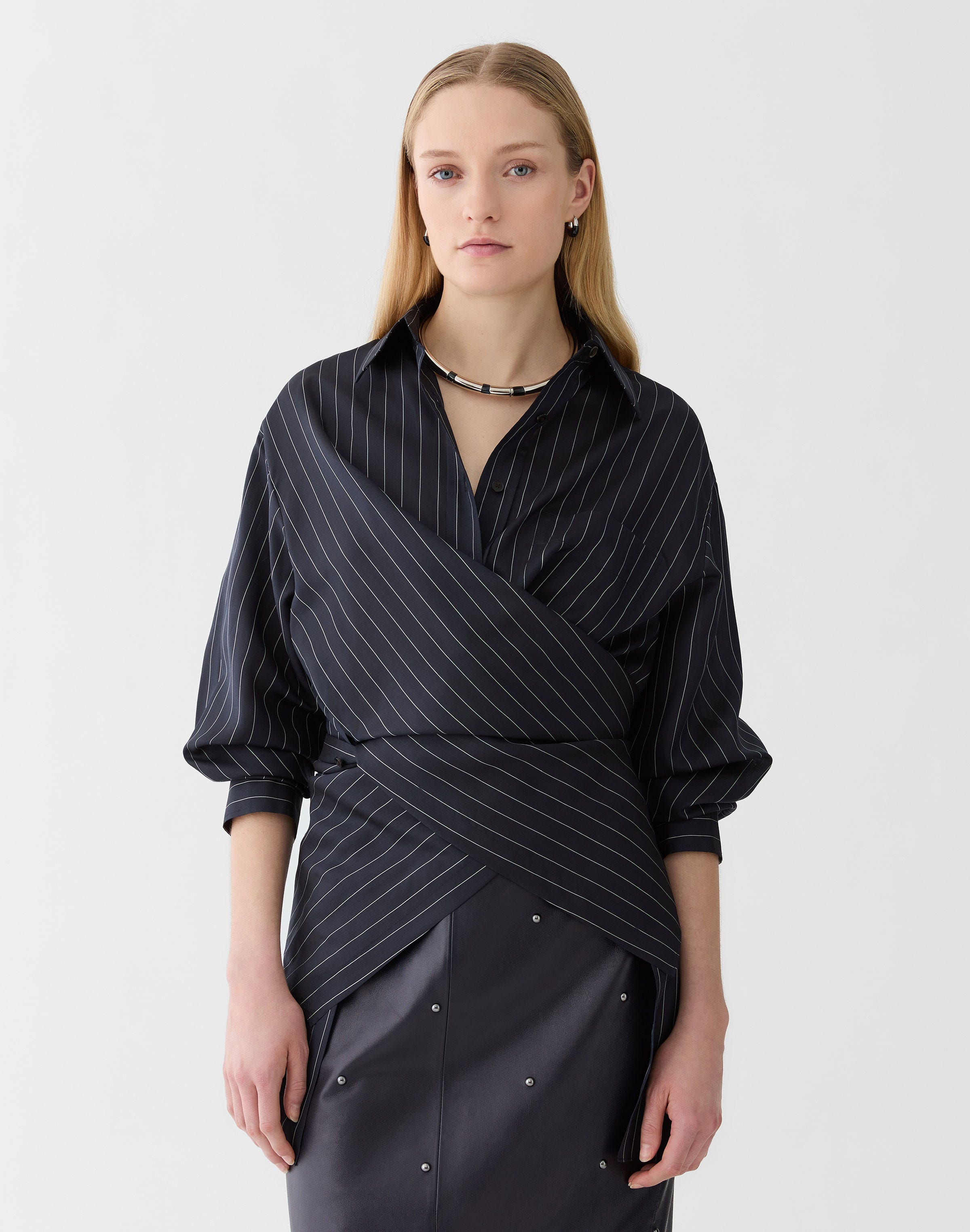 Pinstripe Silk Convertible Wrap Blouse