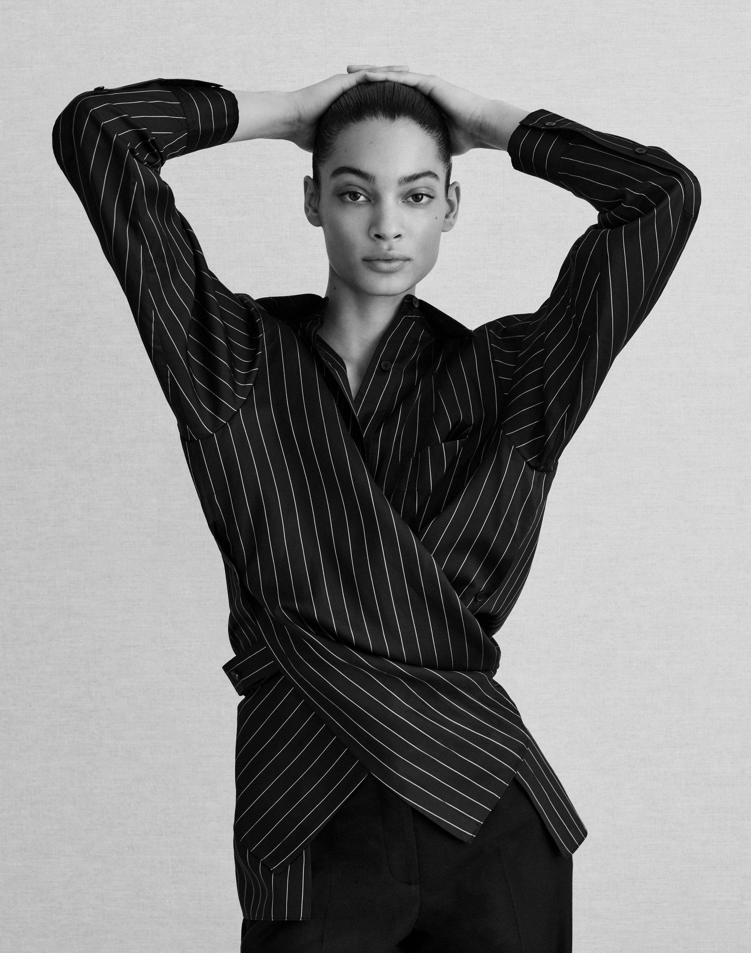 Pinstripe Silk Convertible Wrap Blouse