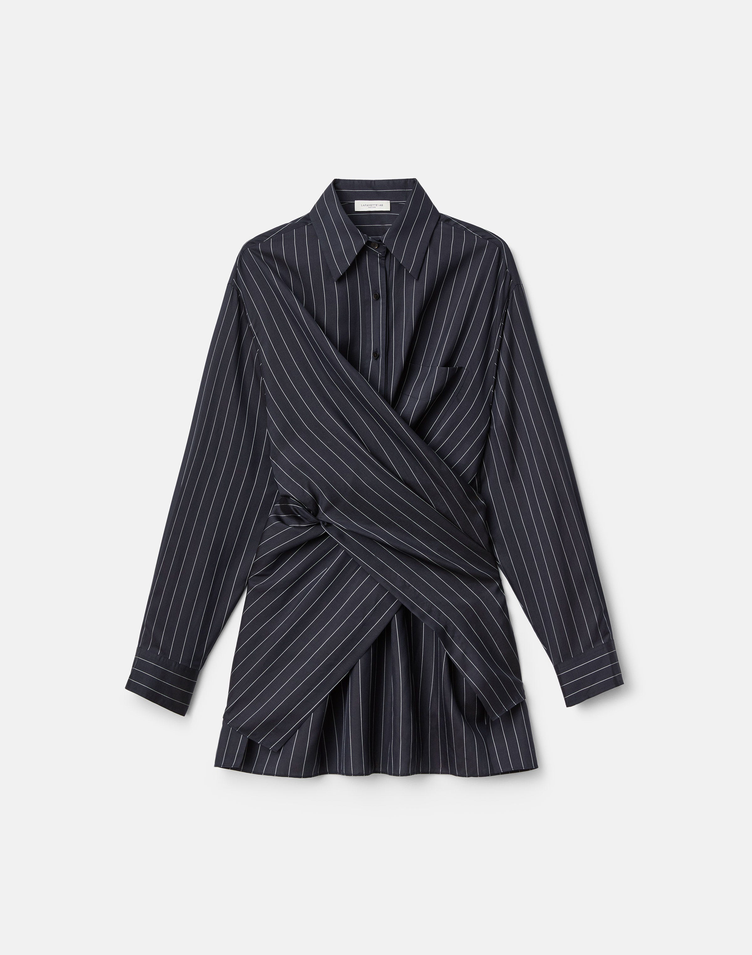 Pinstripe Silk Convertible Wrap Blouse