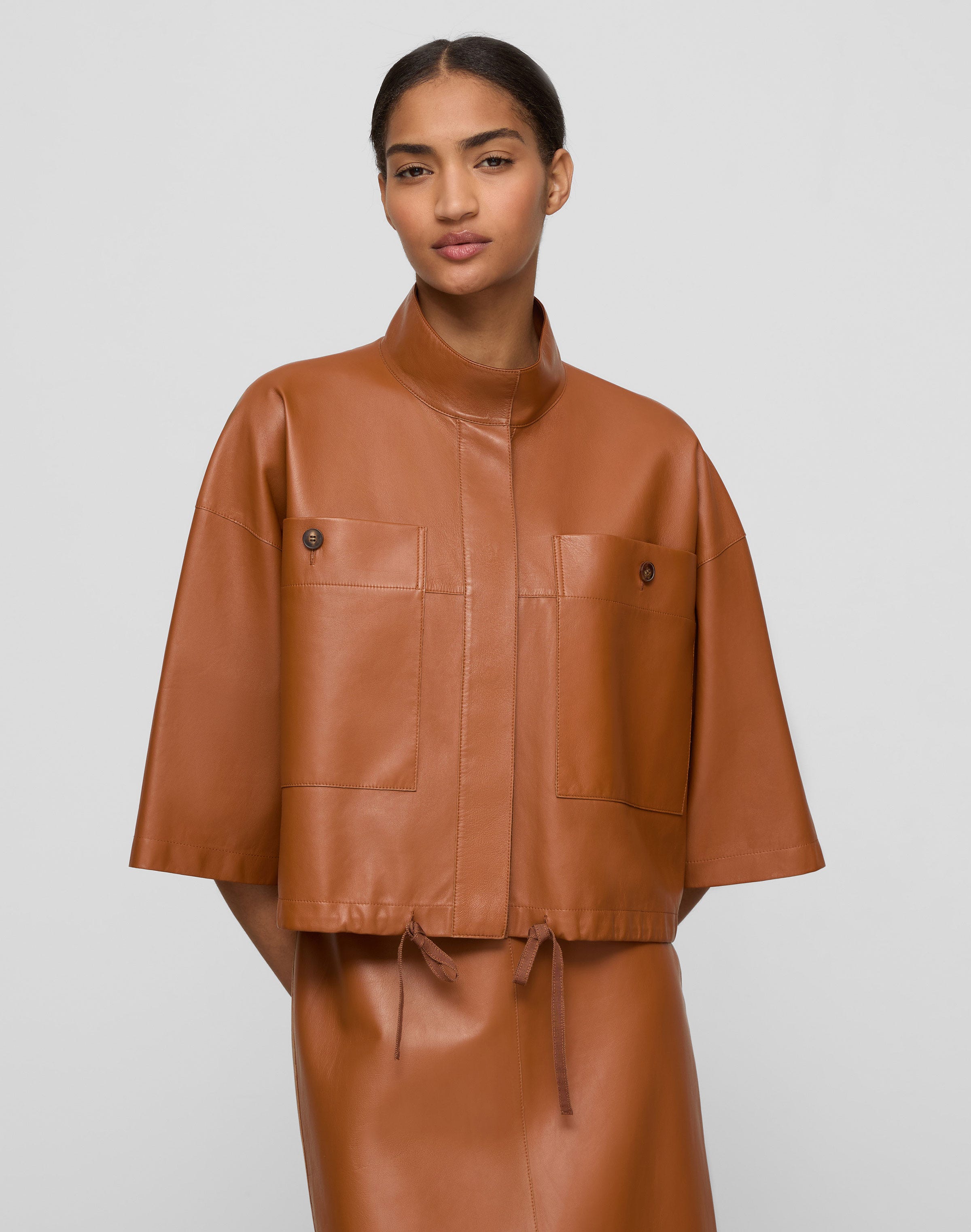 Nappa Leather Oversized Cropped Shirt Jacket