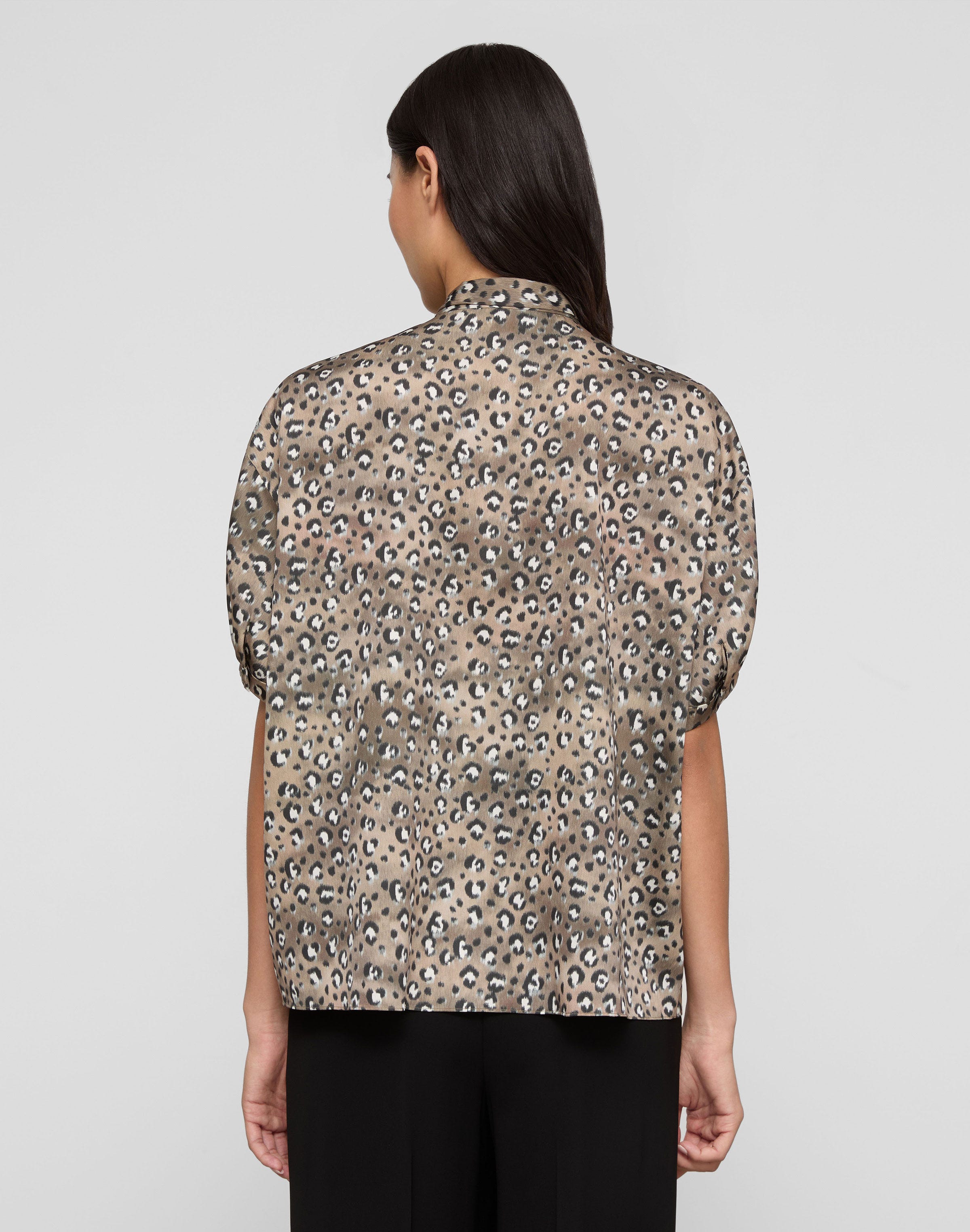 Leopard Print Satin Puff Sleeve Bow Blouse