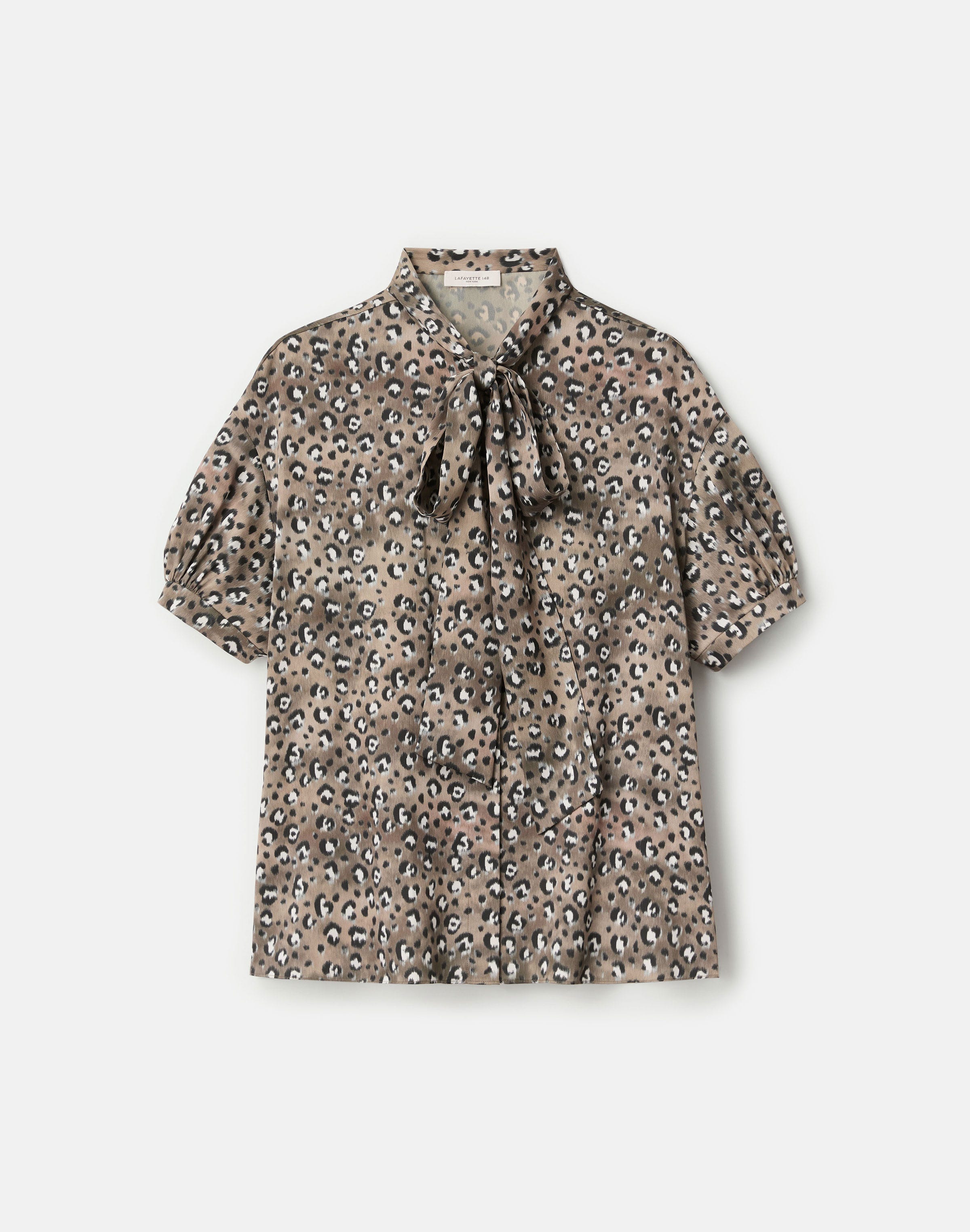 Leopard Print Satin Puff Sleeve Bow Blouse