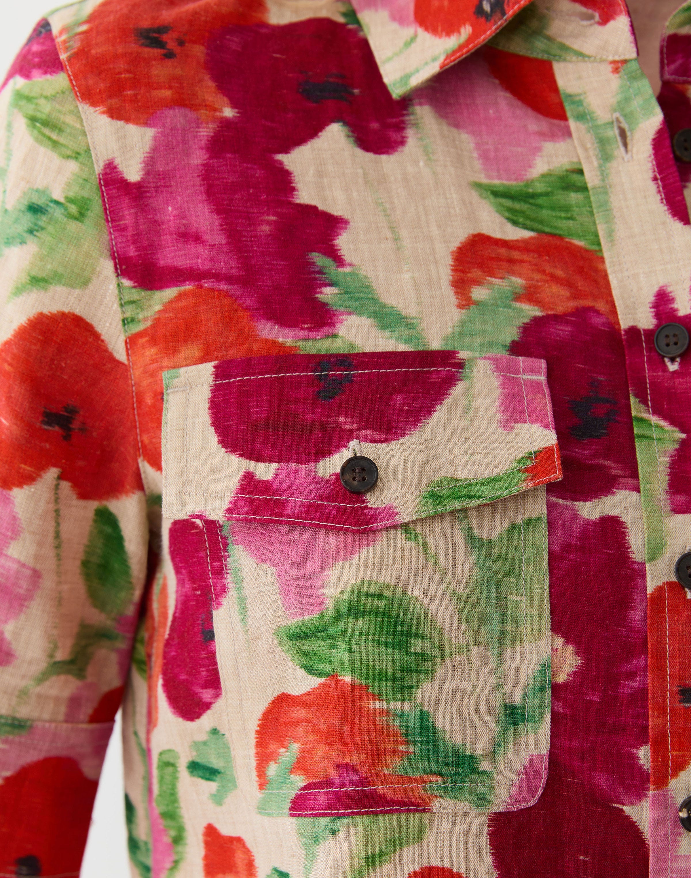 Blossom Print Organic Linen Patch Pocket Shirt