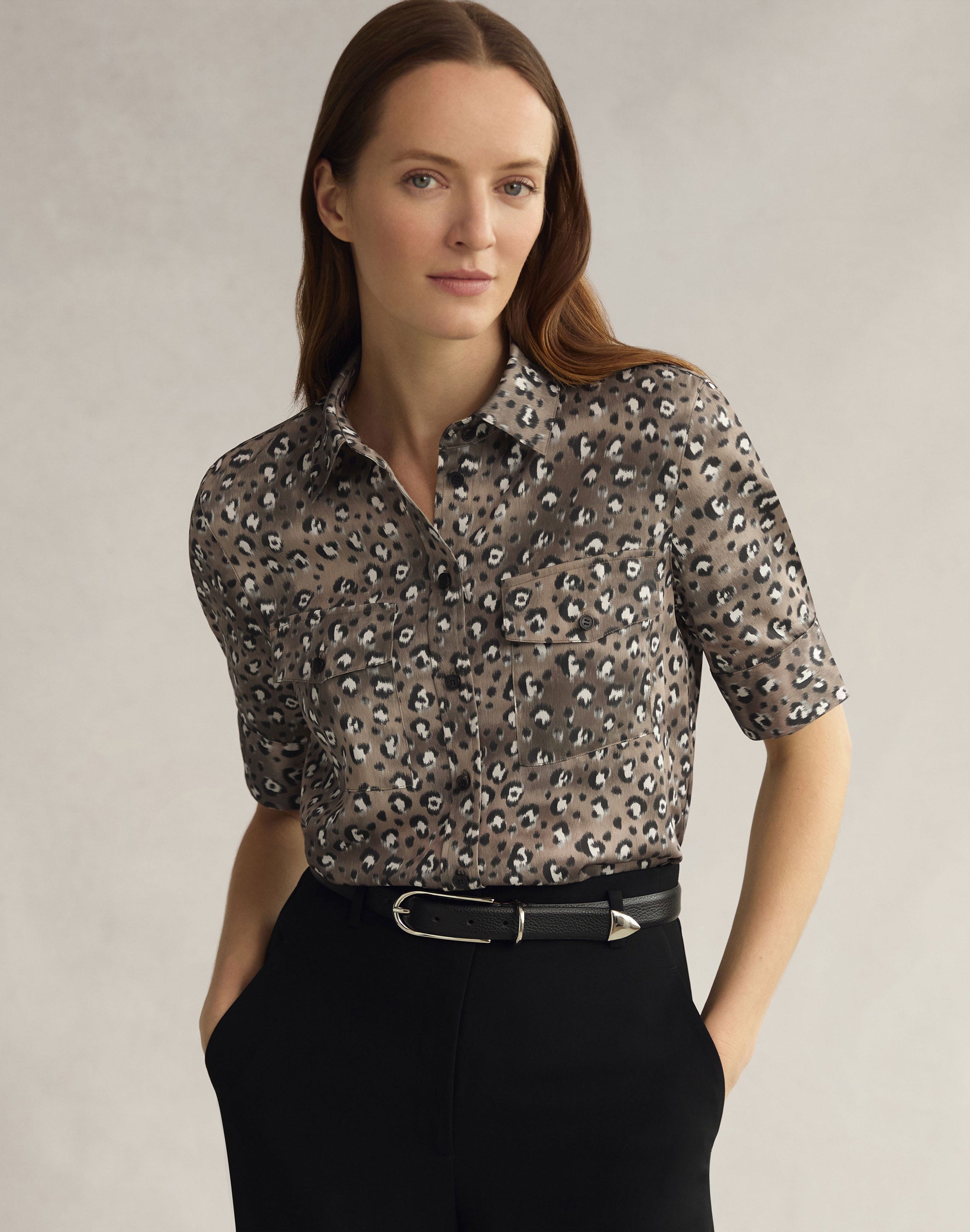 Leopard Print Satin Patch Pocket Blouse