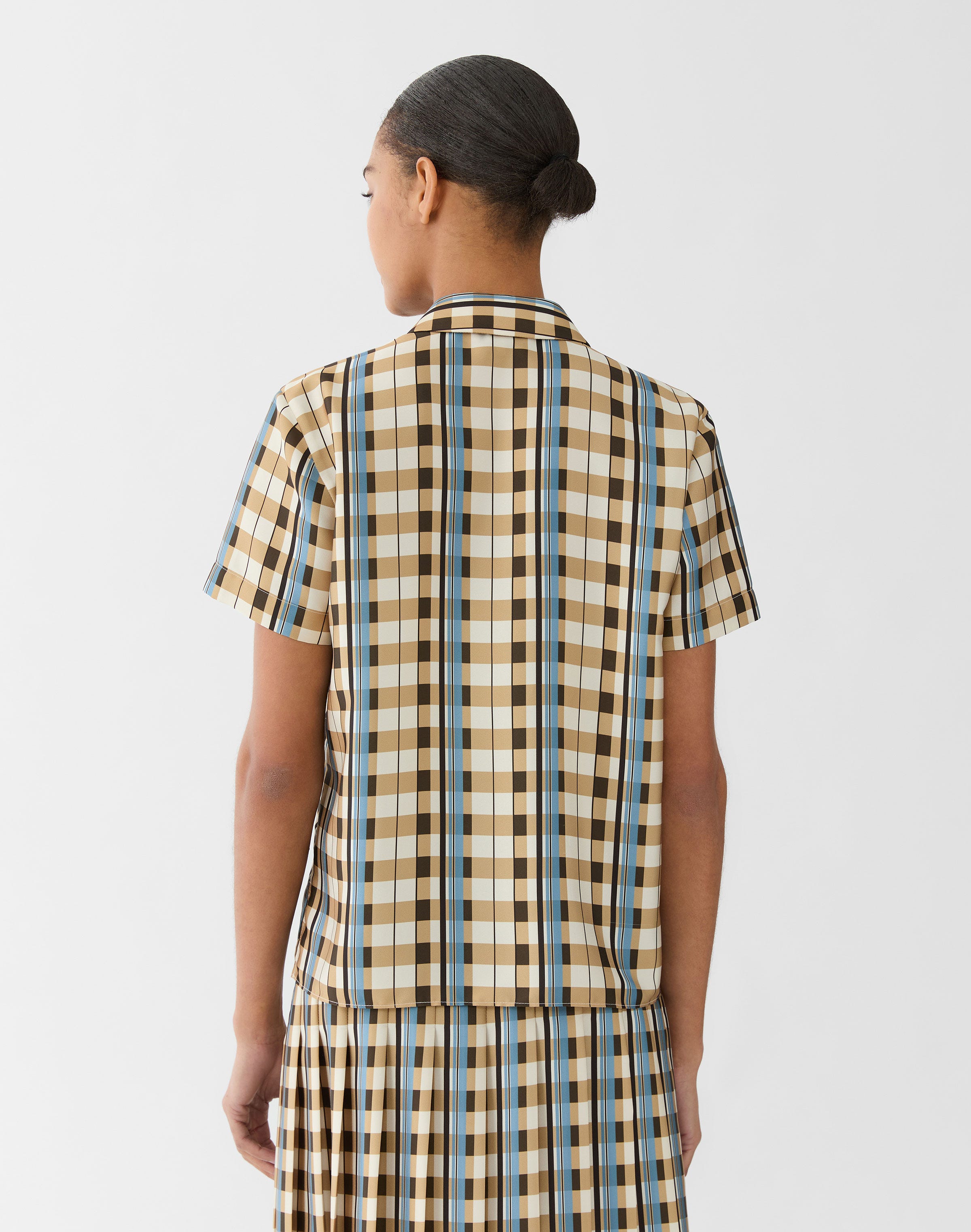 Plaid Print Twill Pleated Front Blouse