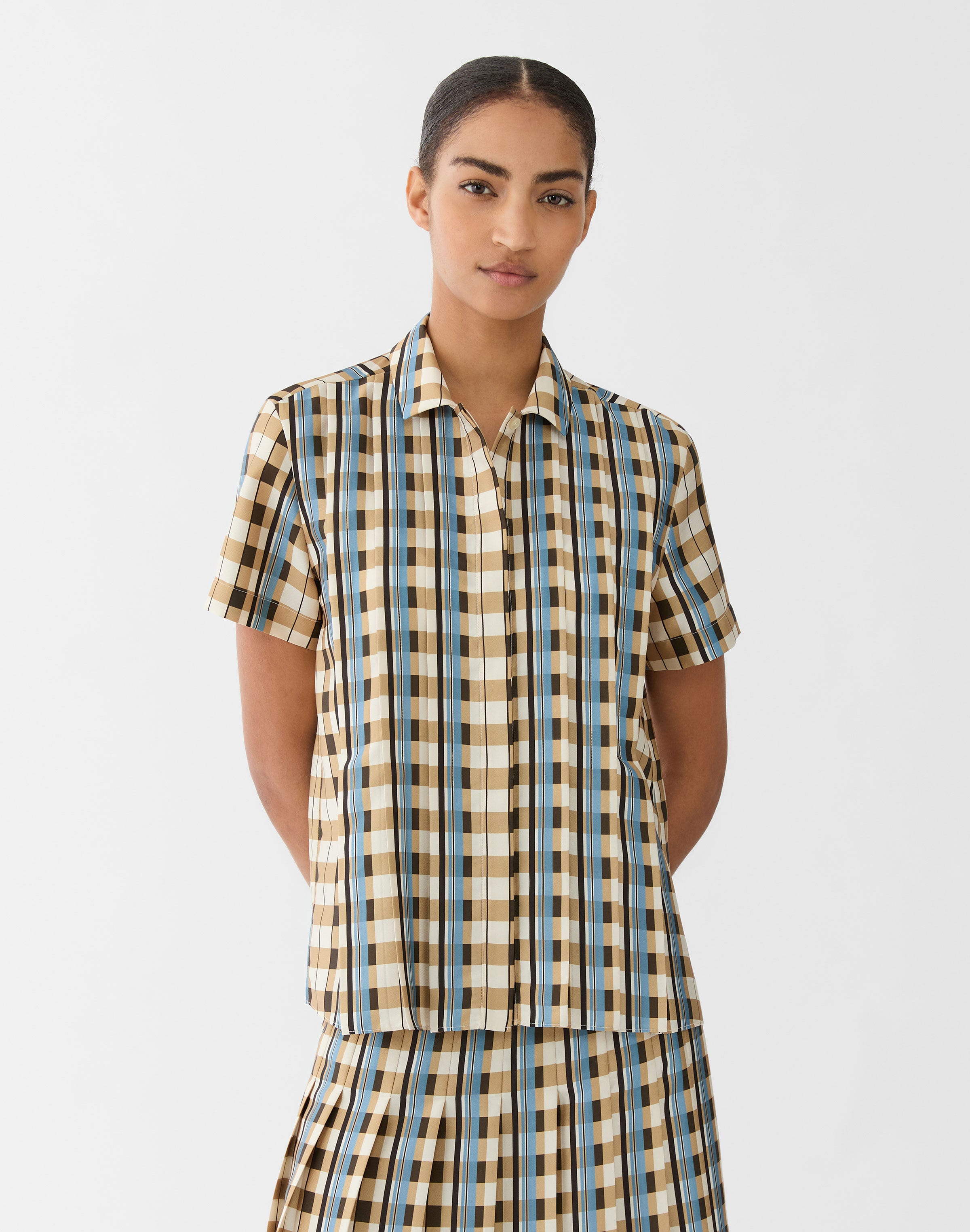 Plaid Print Twill Pleated Front Blouse