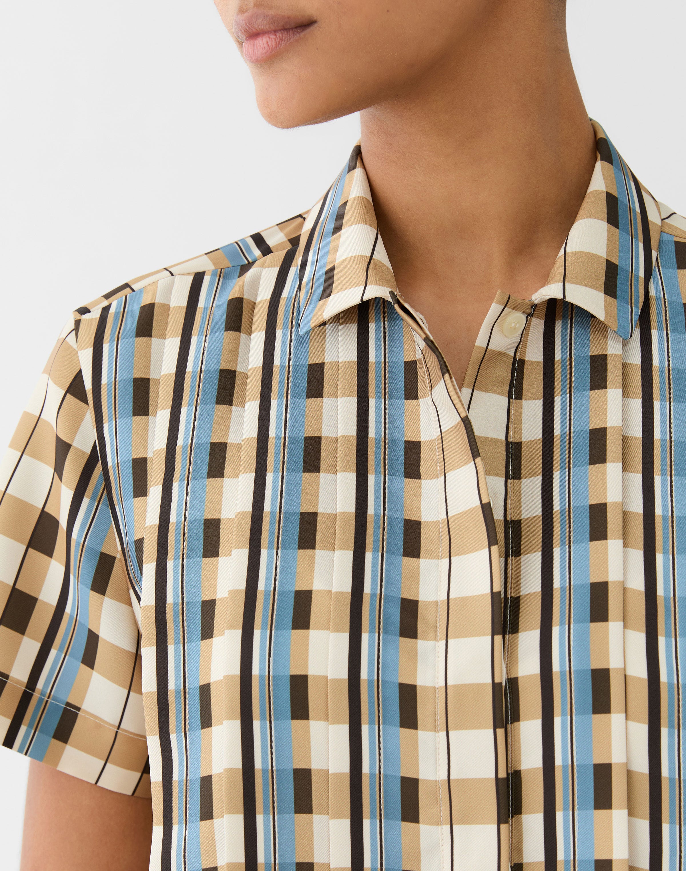 Plaid Print Twill Pleated Front Blouse