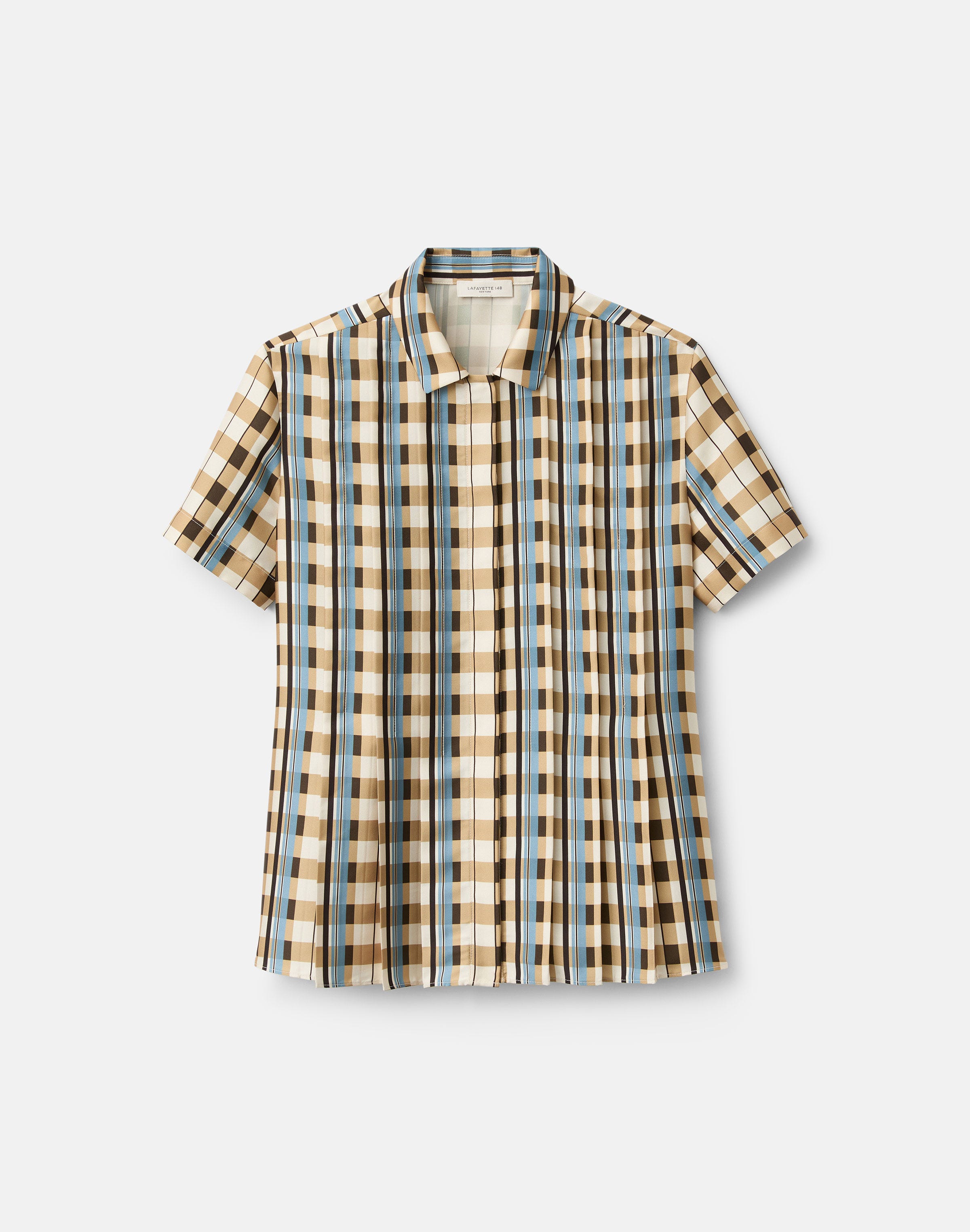 Plaid Print Twill Pleated Front Blouse