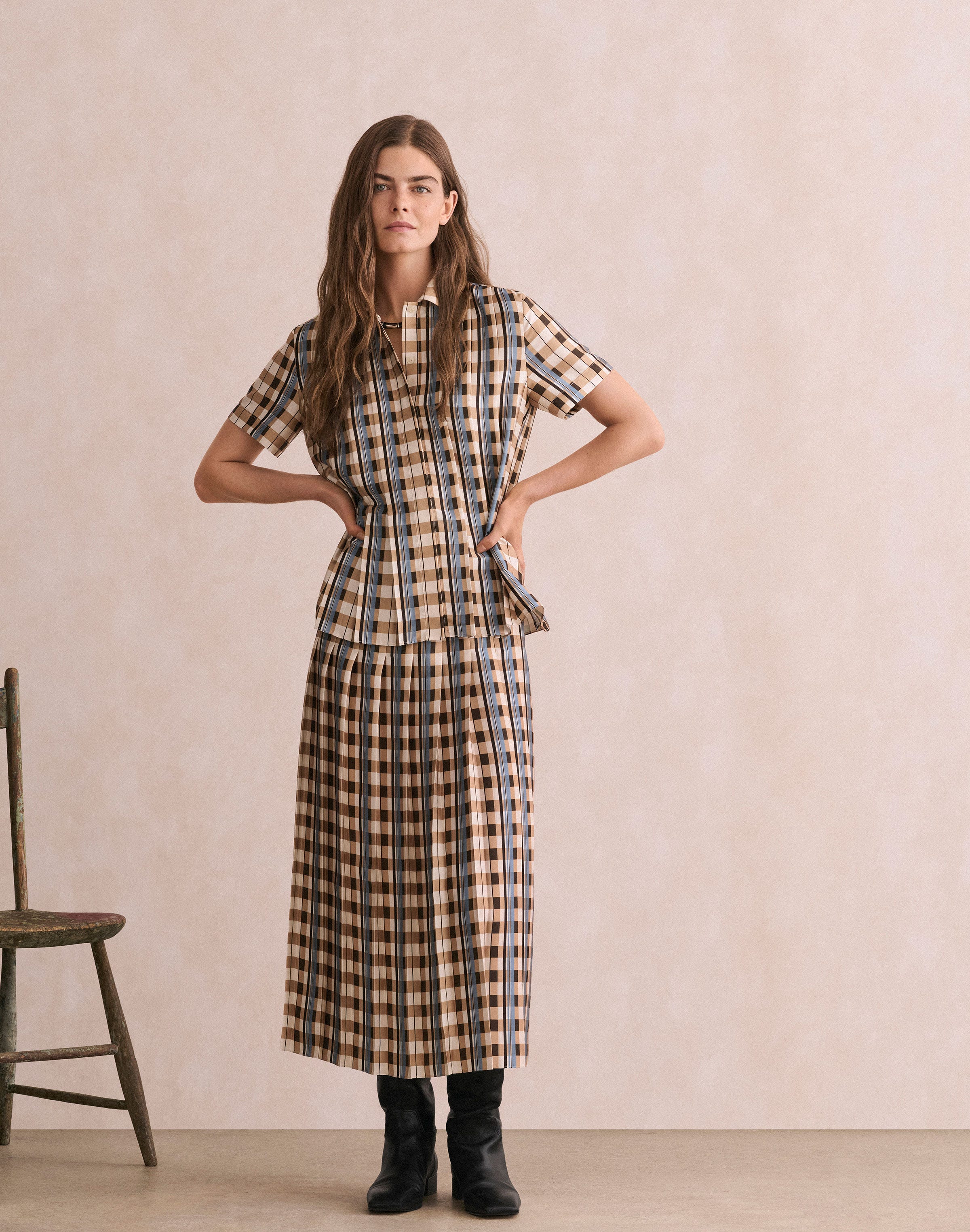 Plaid Print Twill Pleated Front Blouse