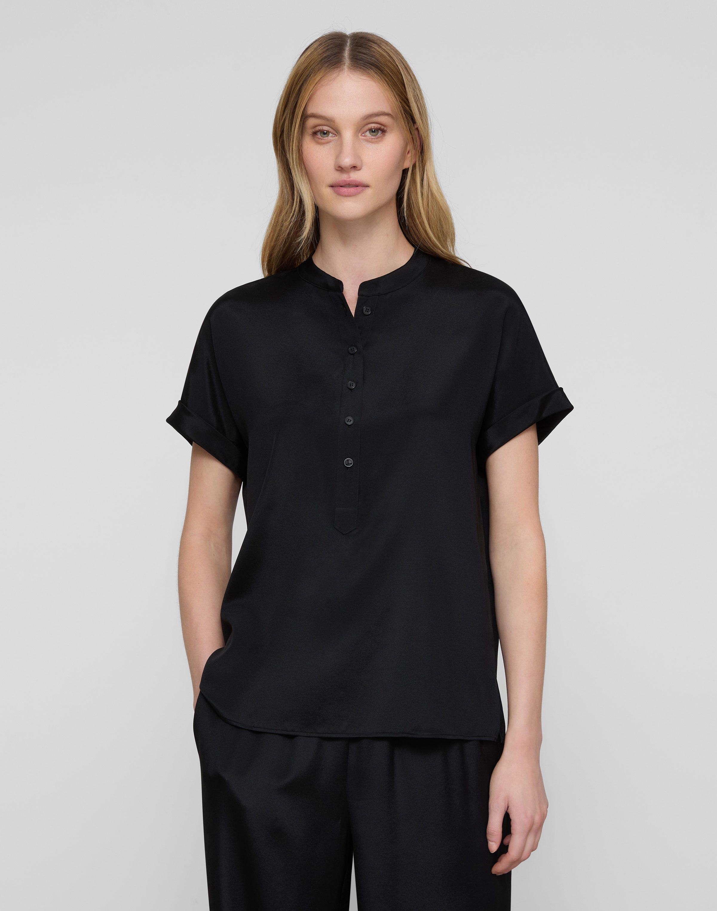 Plus-Size Organic Silk Stretch Georgette Henley Blouse