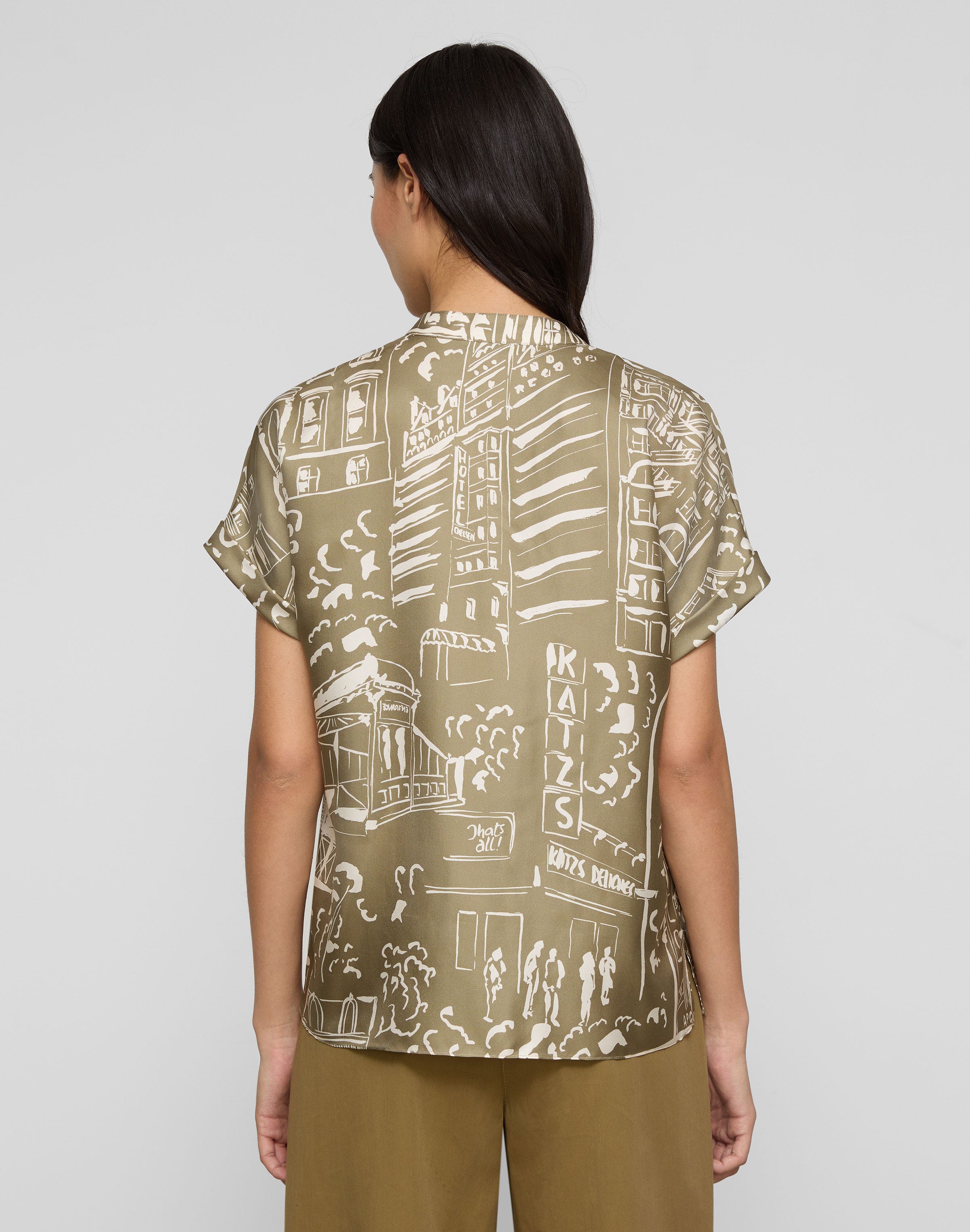 Landmarks Print Silk Twill Henley Blouse
