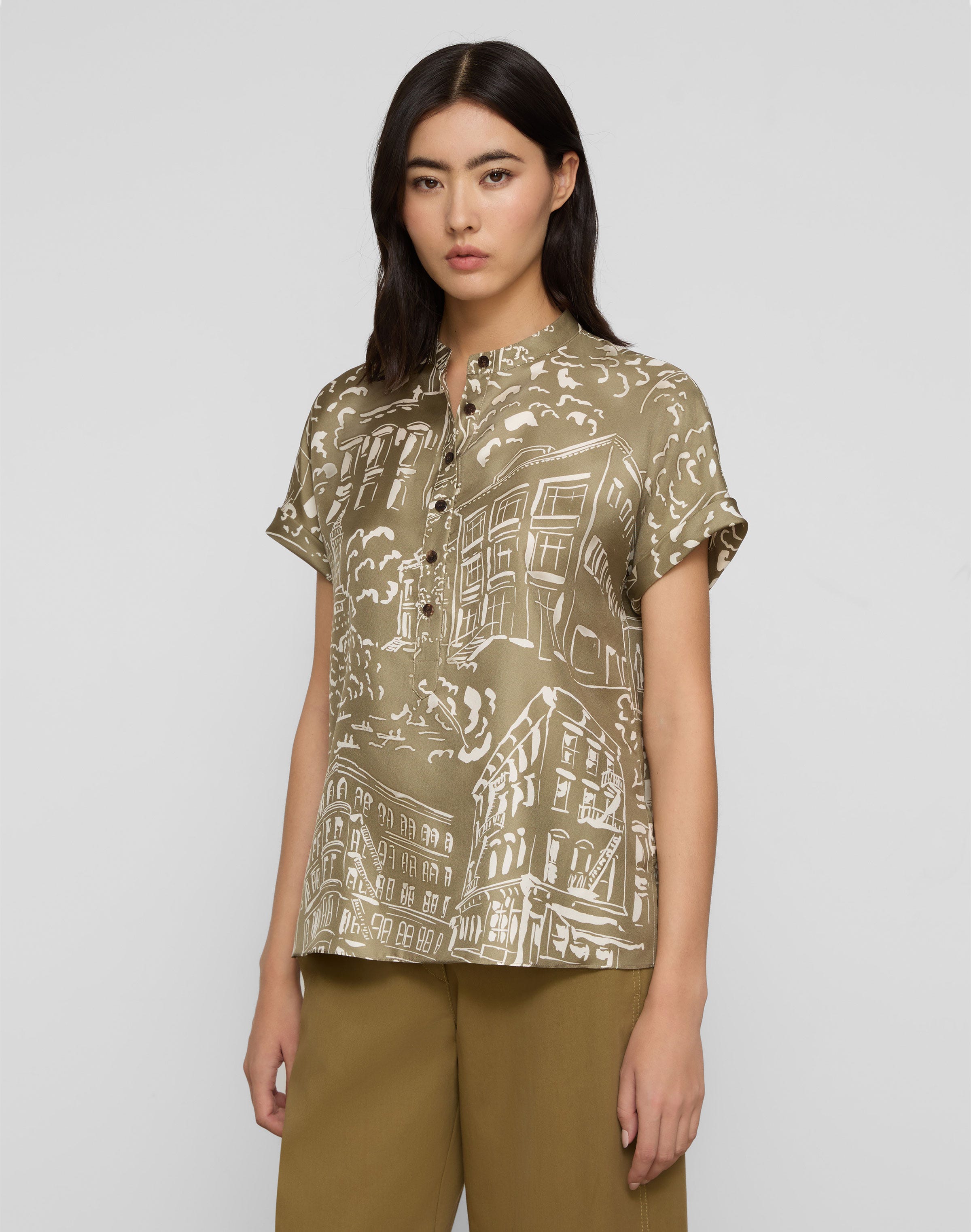 Landmarks Print Silk Twill Henley Blouse