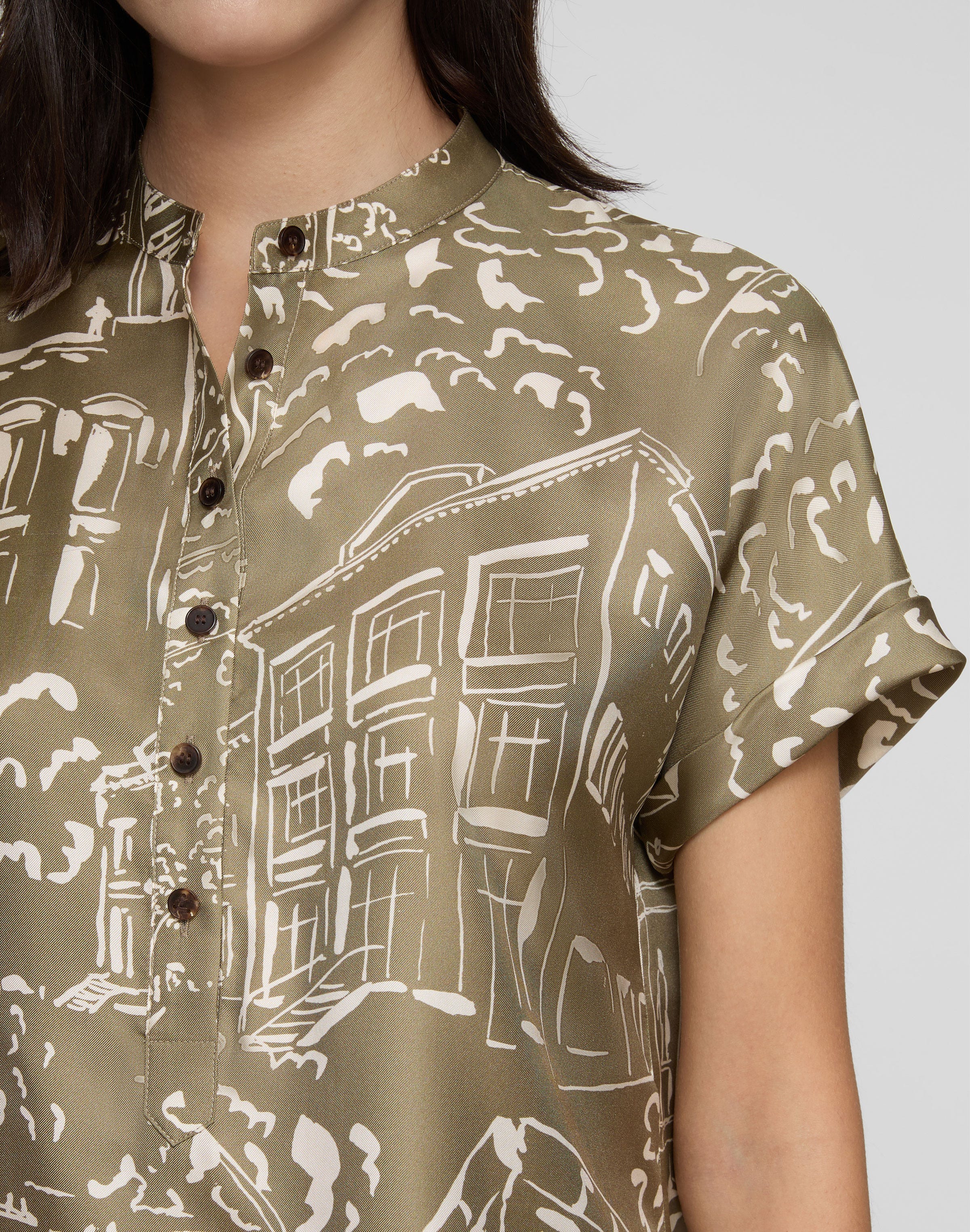 Landmarks Print Silk Twill Henley Blouse