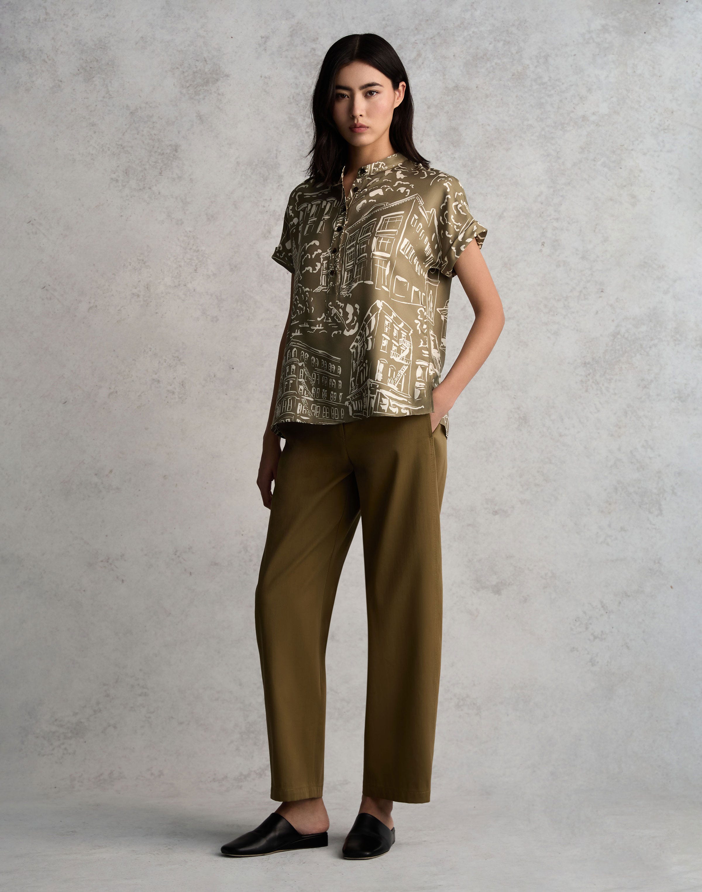 Landmarks Print Silk Twill Henley Blouse