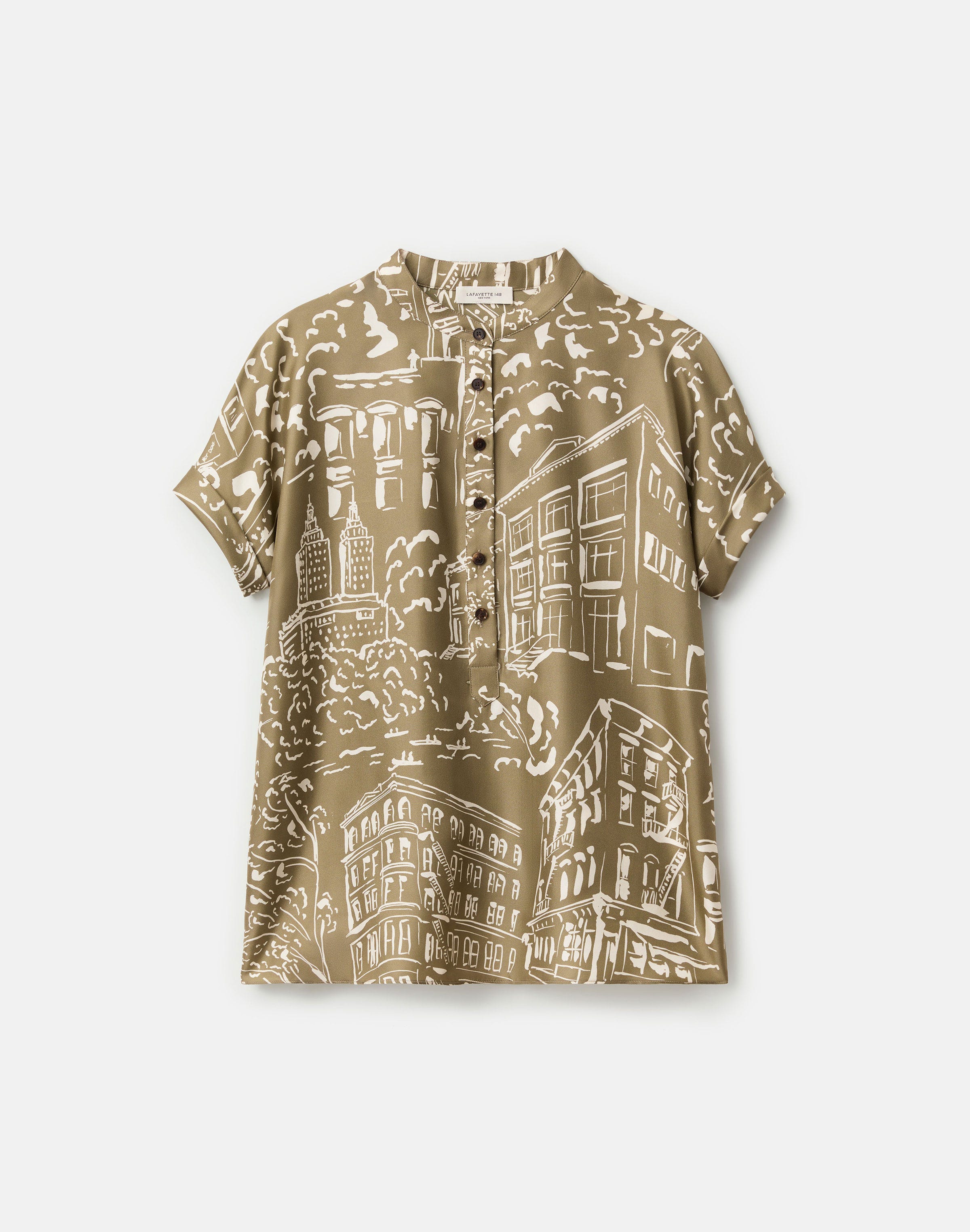Landmarks Print Silk Twill Henley Blouse