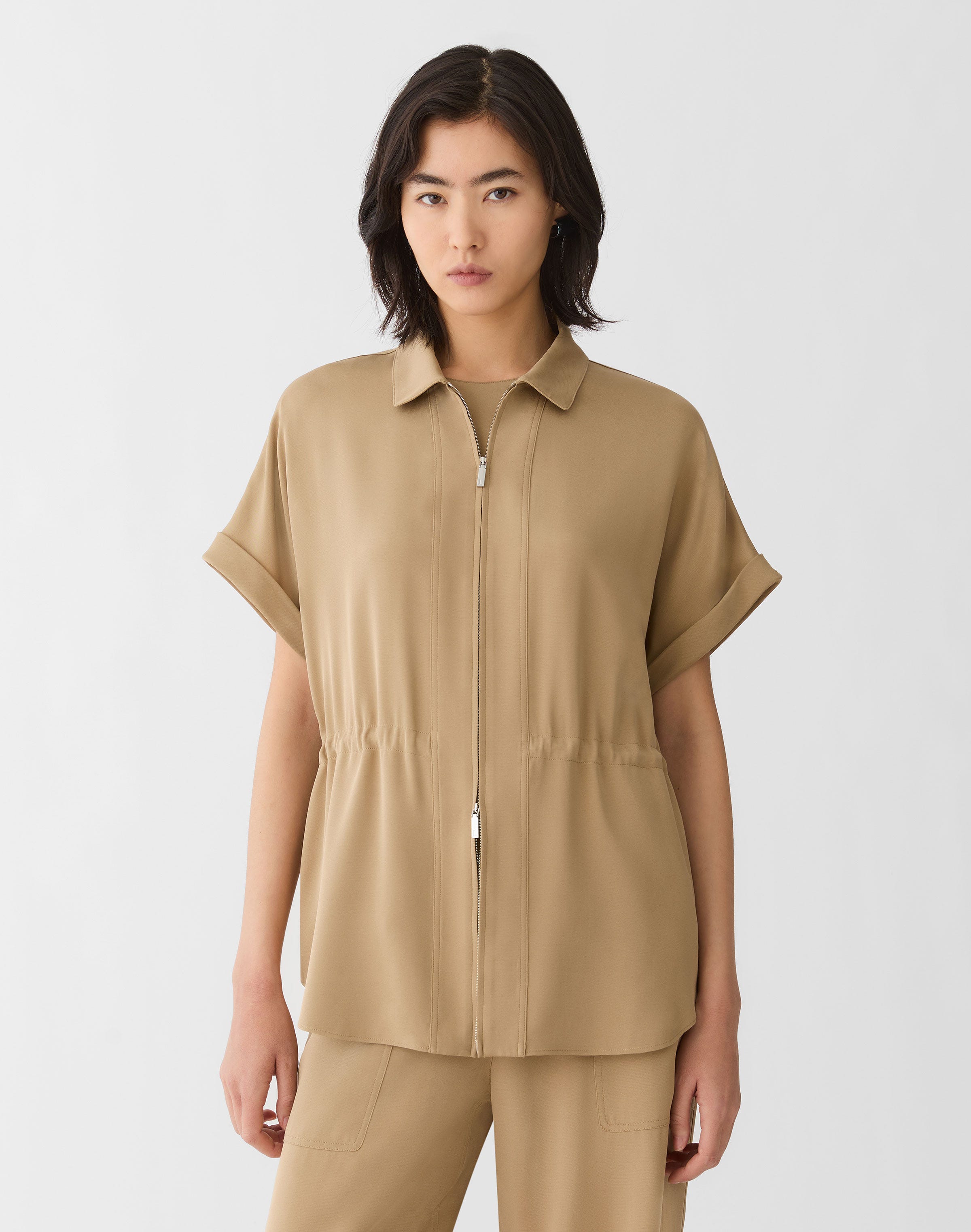 Petite Organic Silk Stretch Georgette Zip Front Blouse