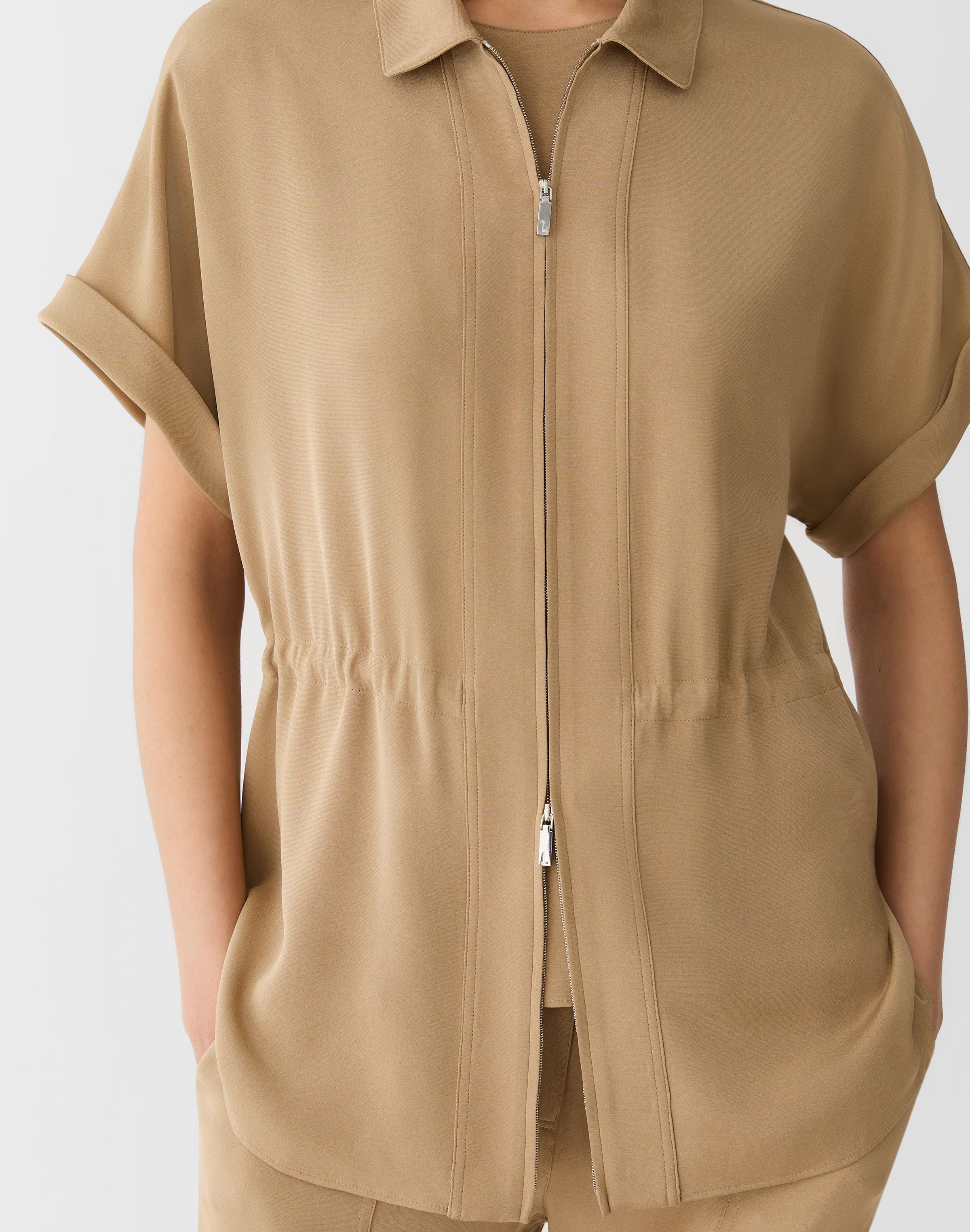 Petite Organic Silk Stretch Georgette Zip Front Blouse