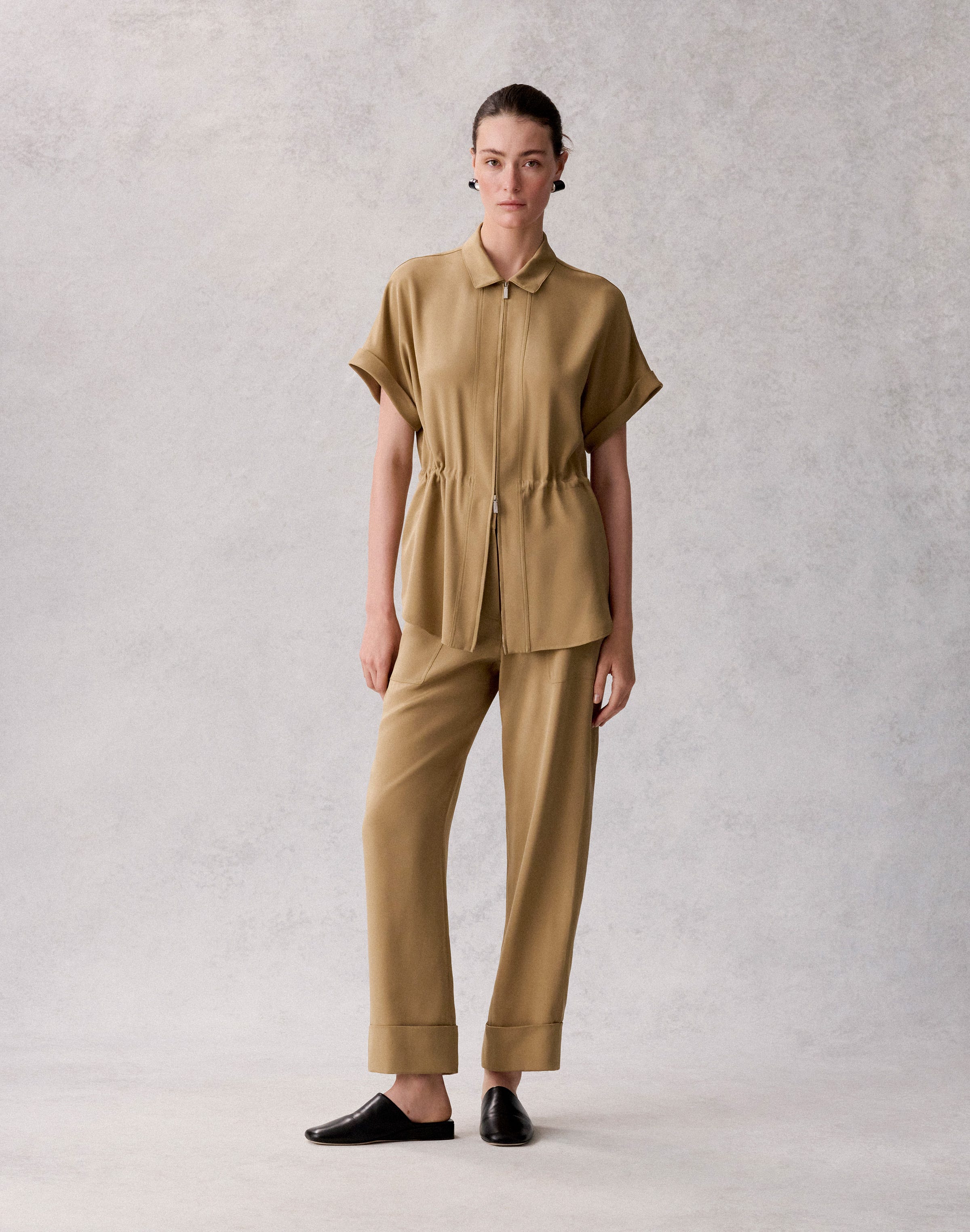 Petite Organic Silk Stretch Georgette Zip Front Blouse