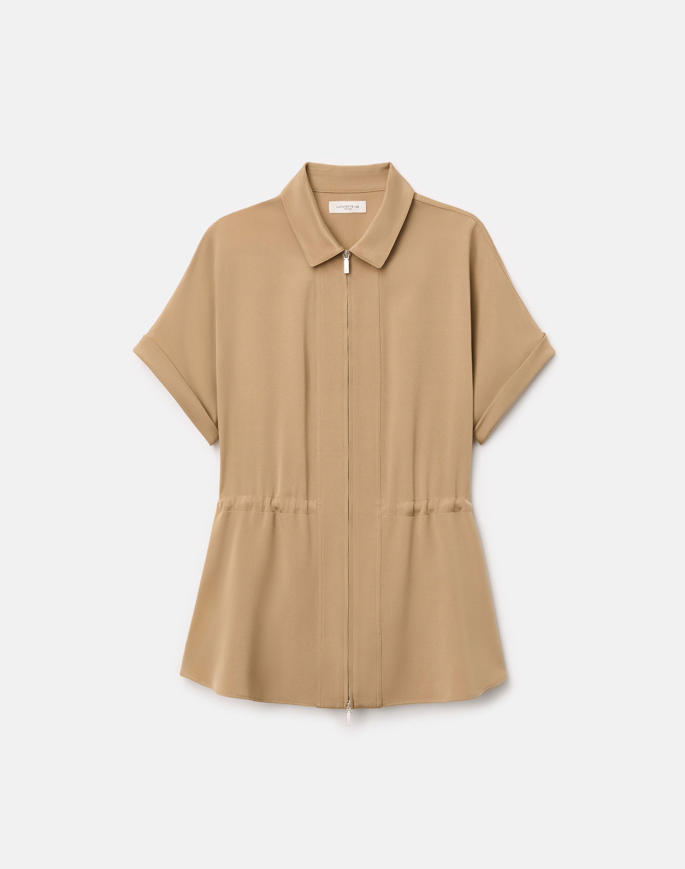 Petite Organic Silk Stretch Georgette Zip Front Blouse