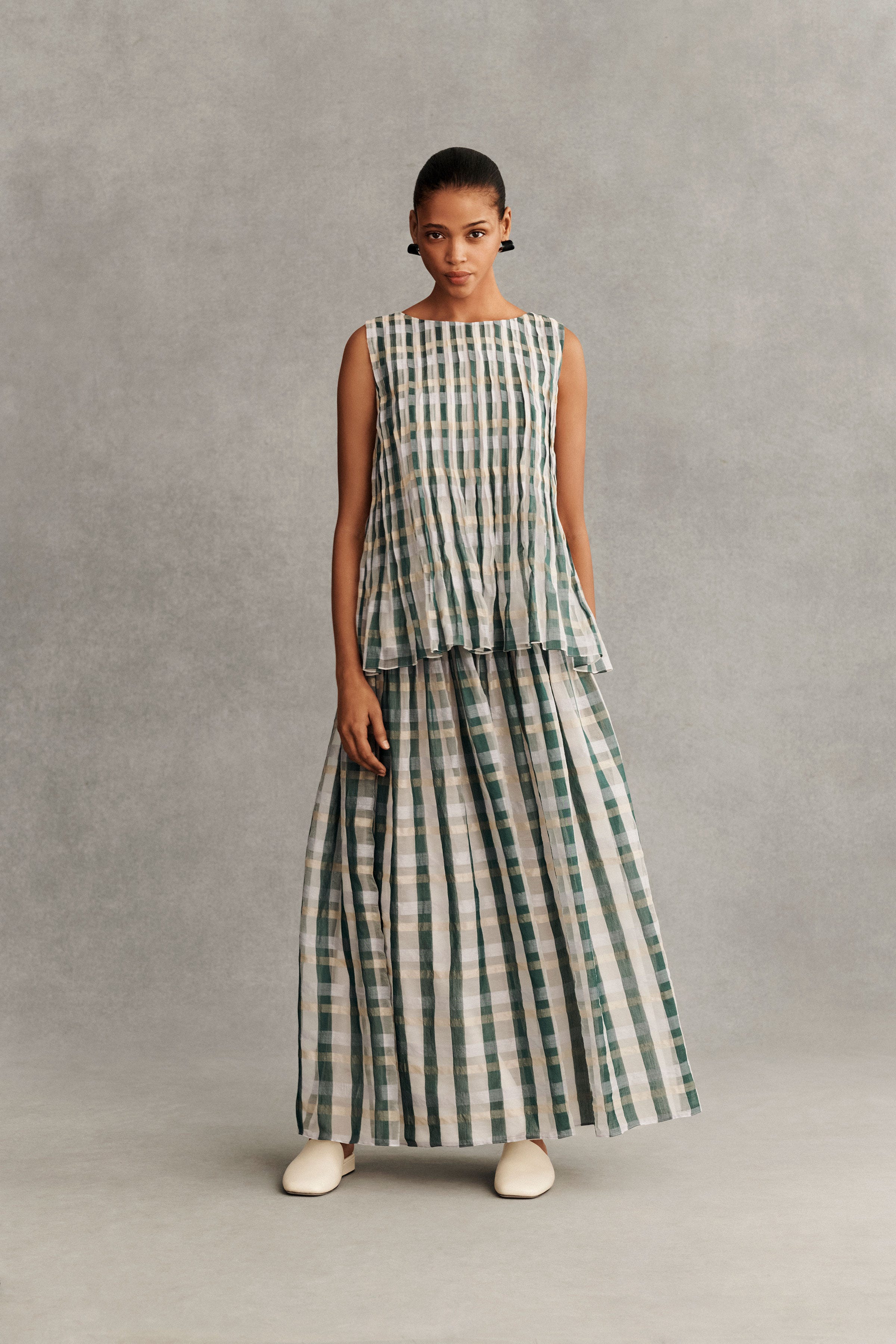 Cotton-Silk Plaid Blouse and Skirt