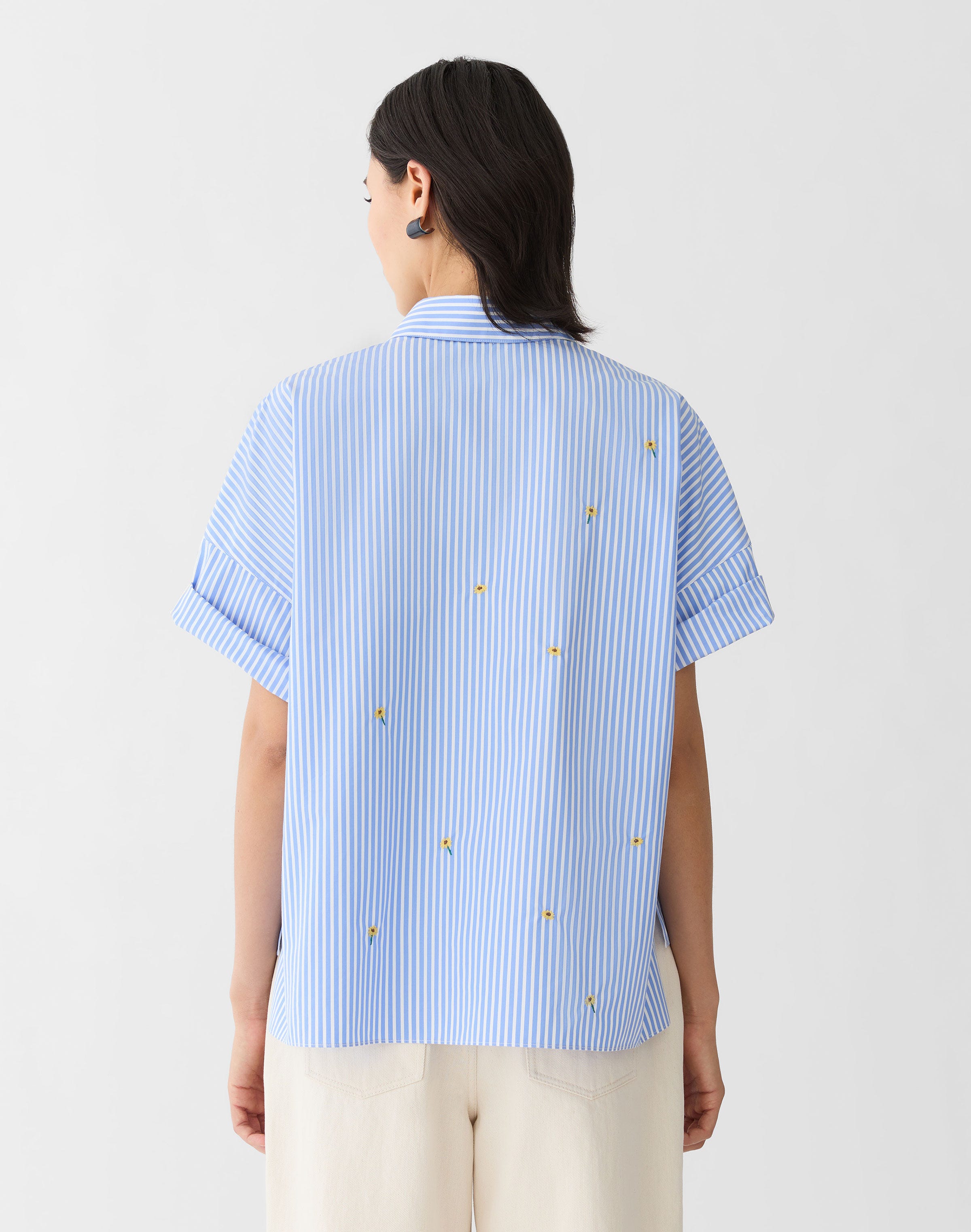 Striped Cotton Floral Embroidered Shirt