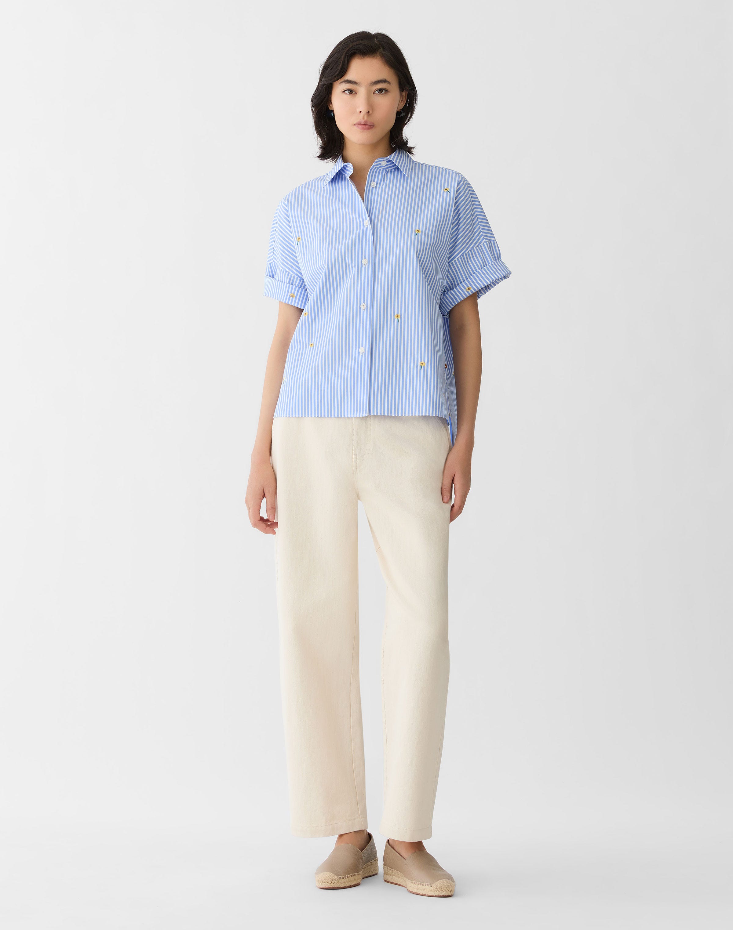 Striped Cotton Floral Embroidered Shirt