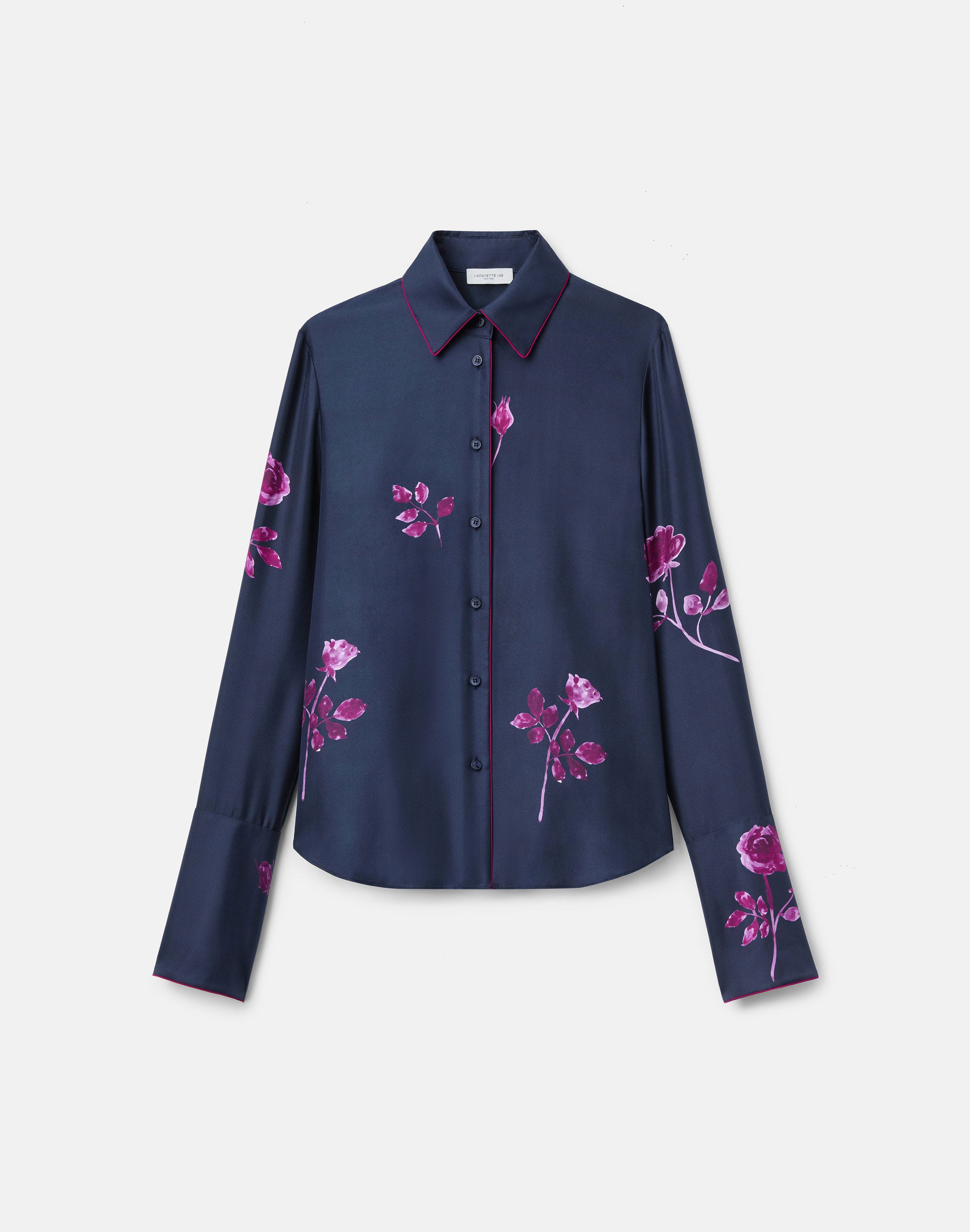 Plus-Size Rose Print Silk Twill French Cuff Blouse