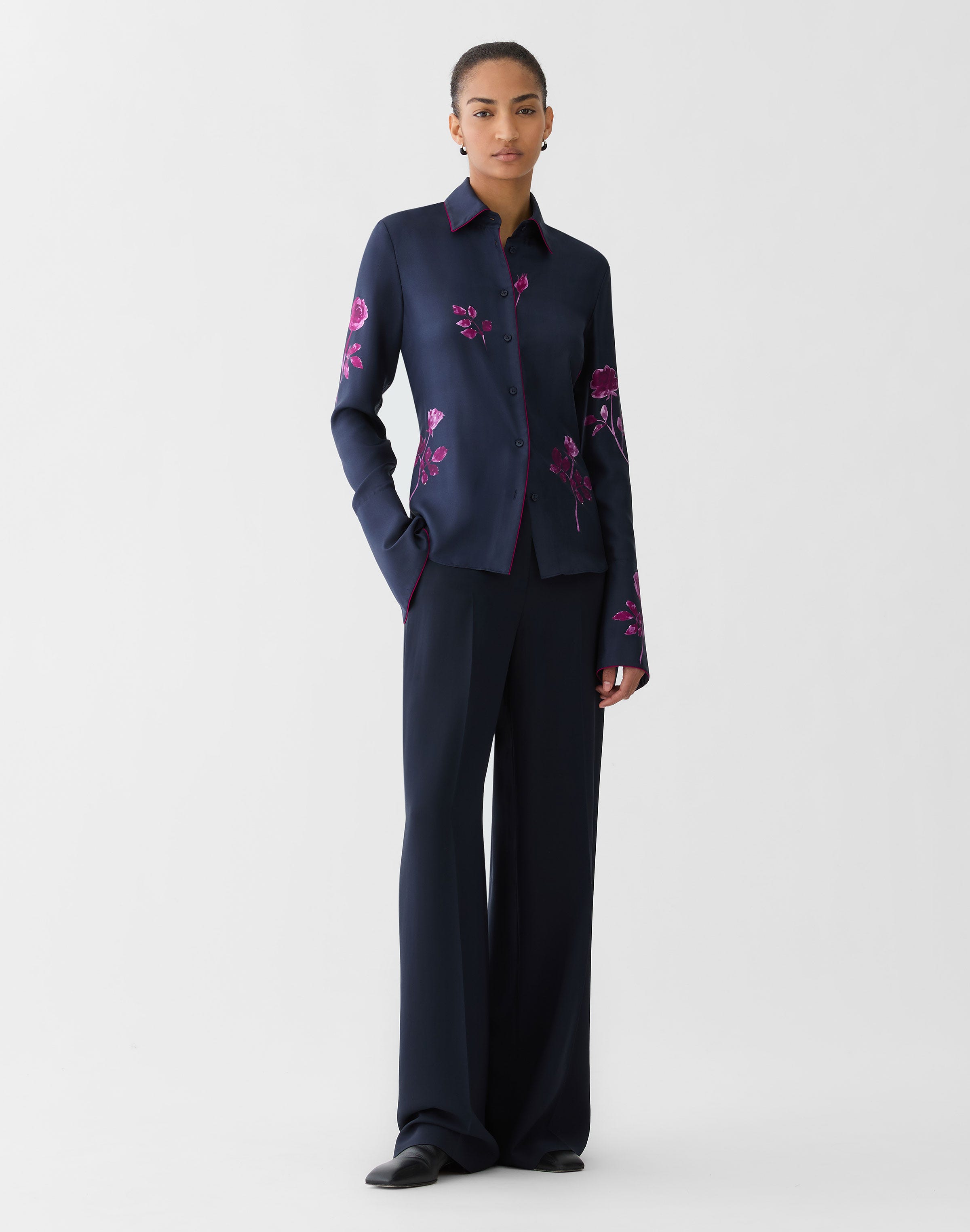 Plus-Size Rose Print Silk Twill French Cuff Blouse