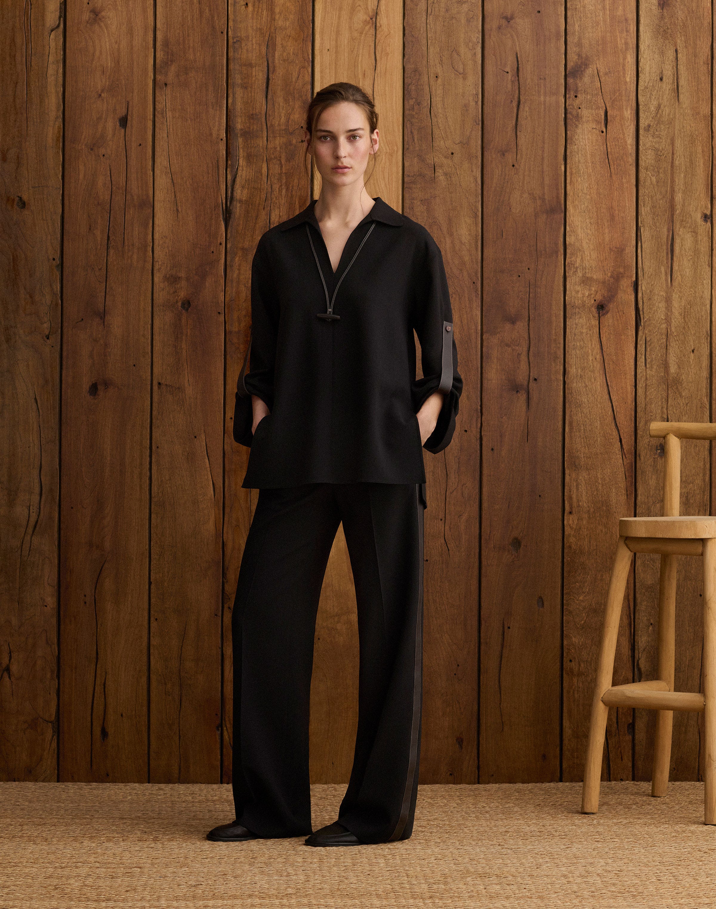 Plus-Size Responsible Wool Double Face Tab Sleeve Blouse 