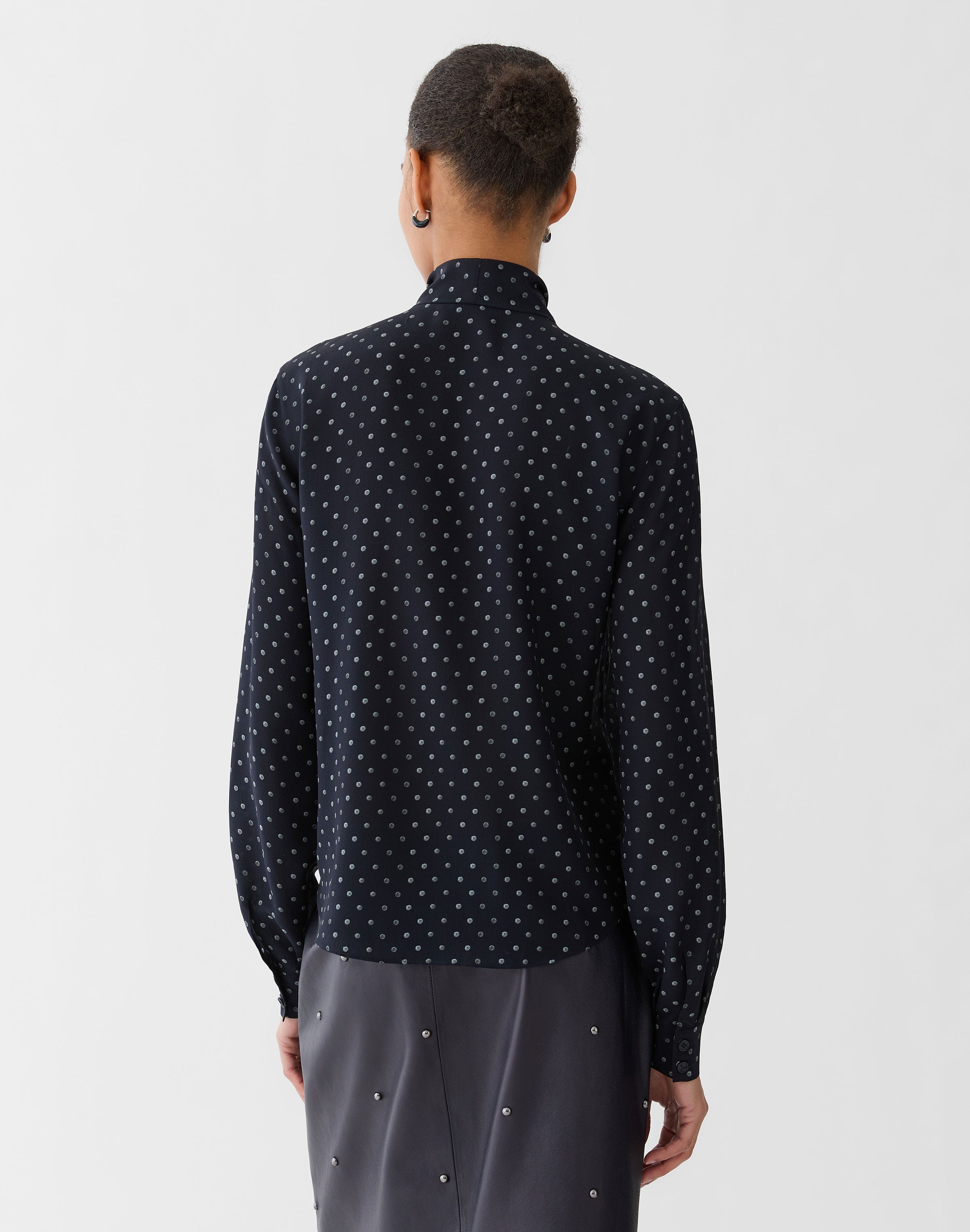 Petite Polka Dot Print Silk Crepe De Chine Tie Neck Blouse