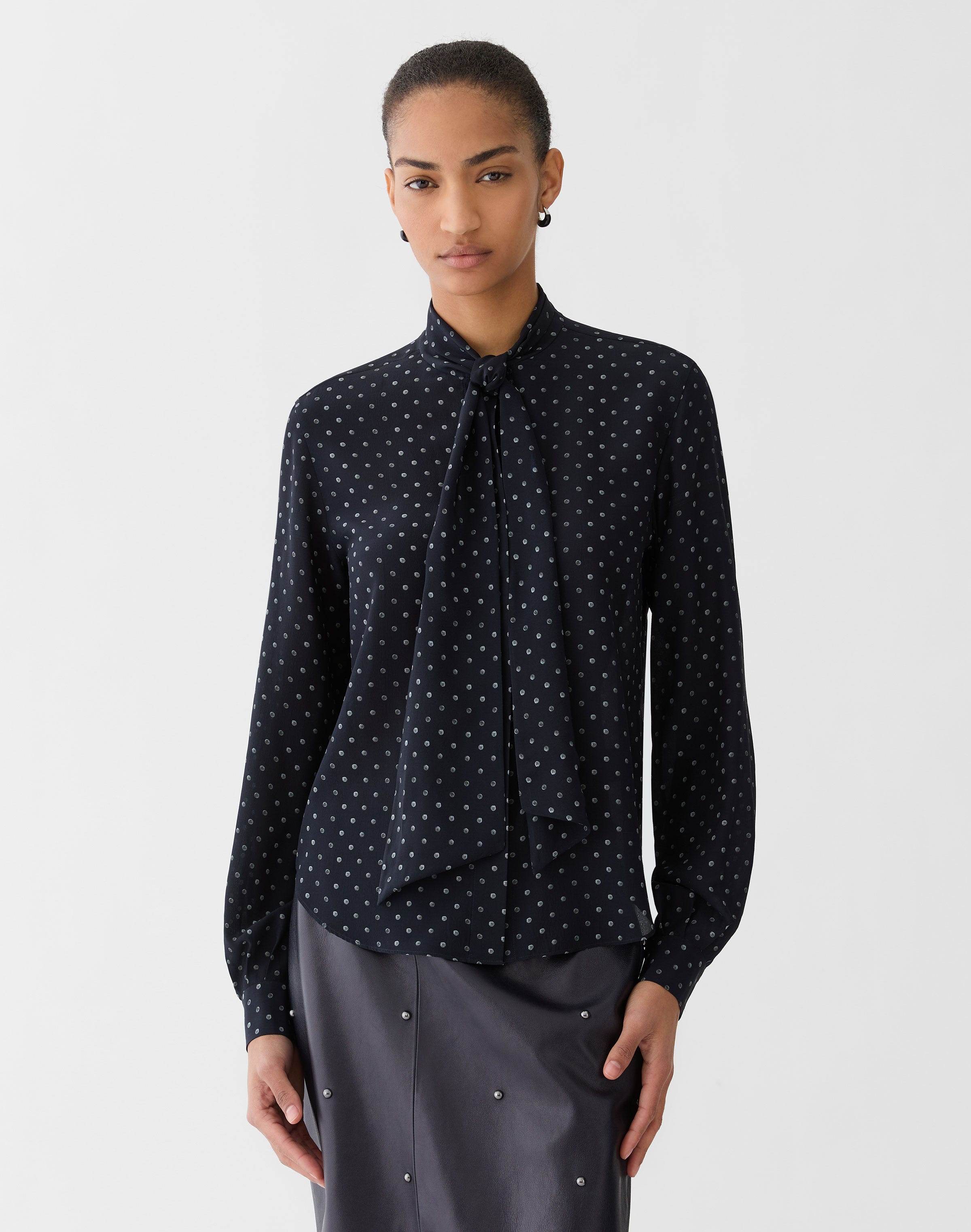 Petite Polka Dot Print Silk Crepe De Chine Tie Neck Blouse