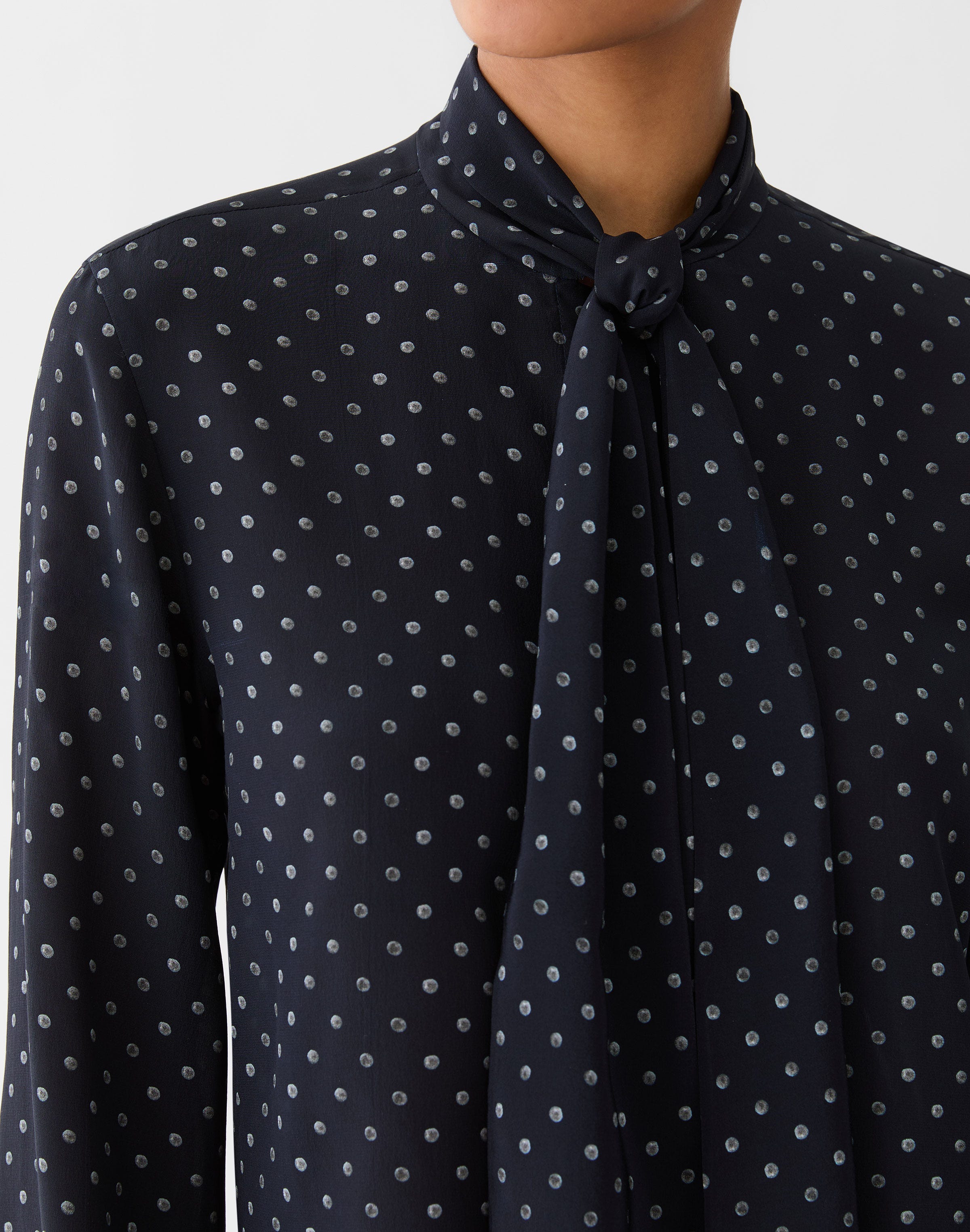 Petite Polka Dot Print Silk Crepe De Chine Tie Neck Blouse