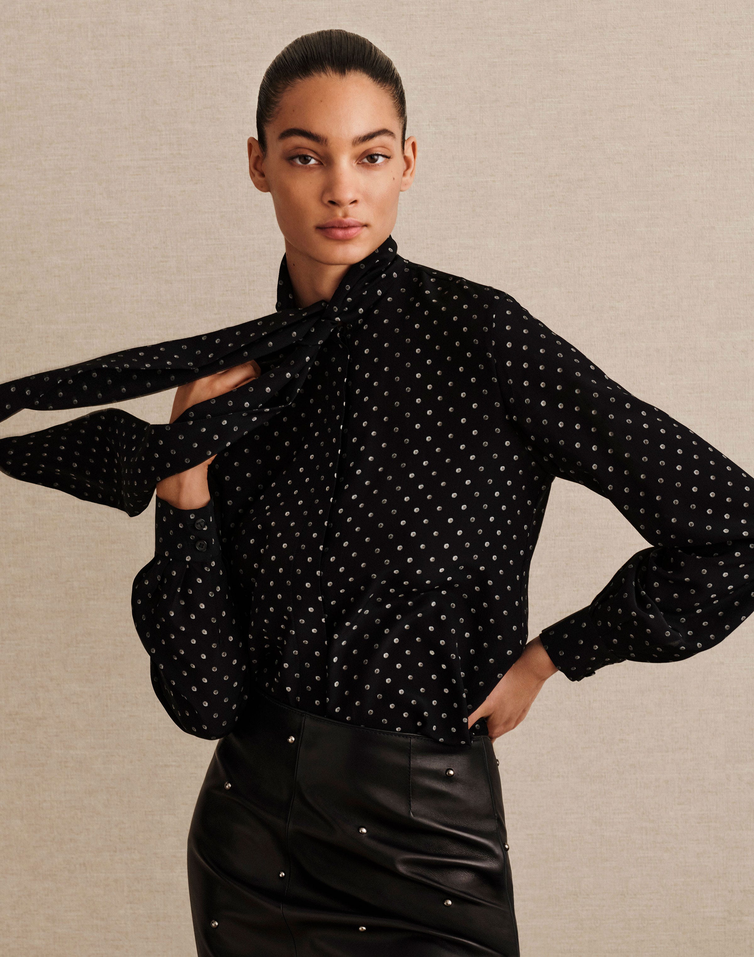 Petite Polka Dot Print Silk Crepe De Chine Tie Neck Blouse