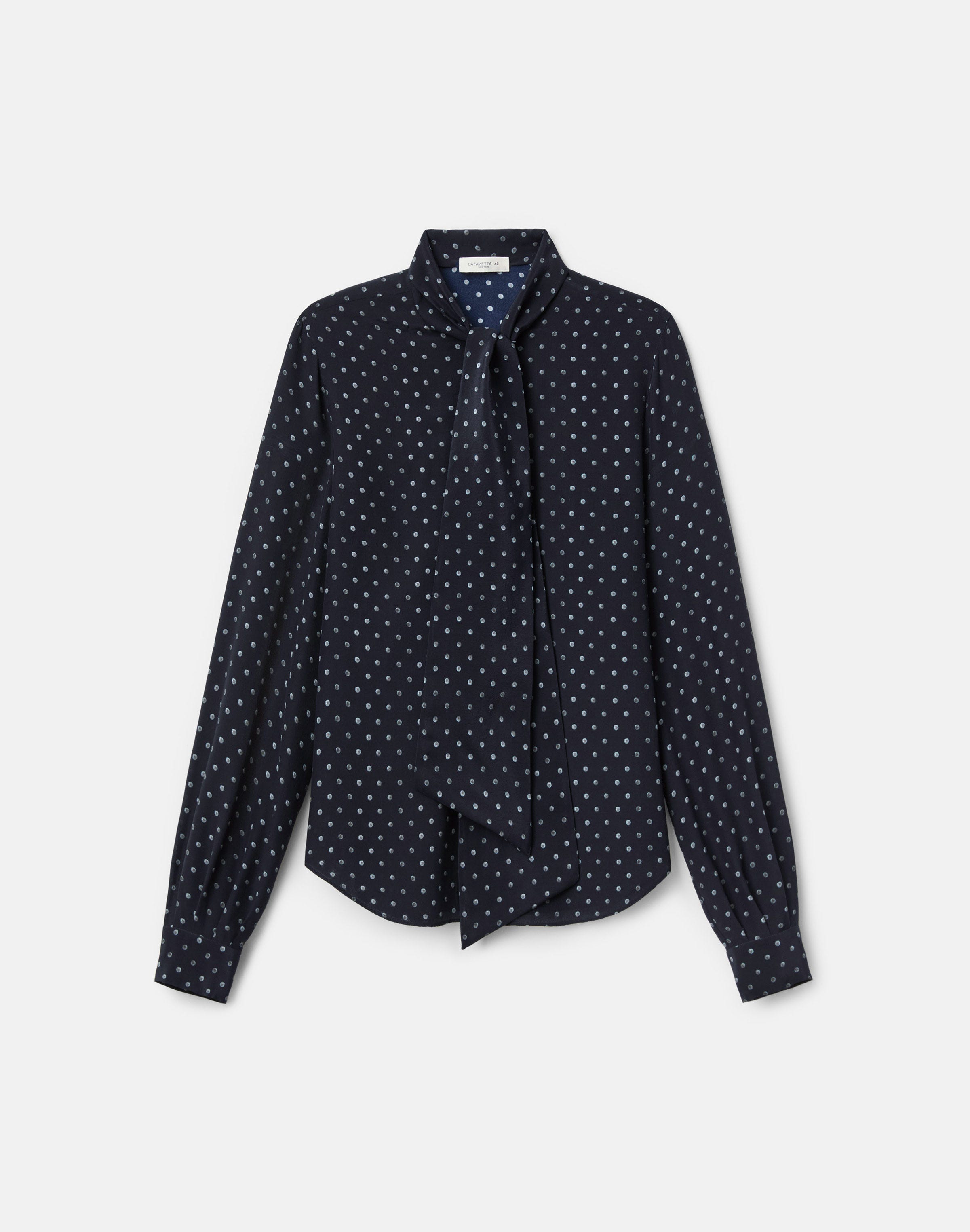 Petite Polka Dot Print Silk Crepe De Chine Tie Neck Blouse