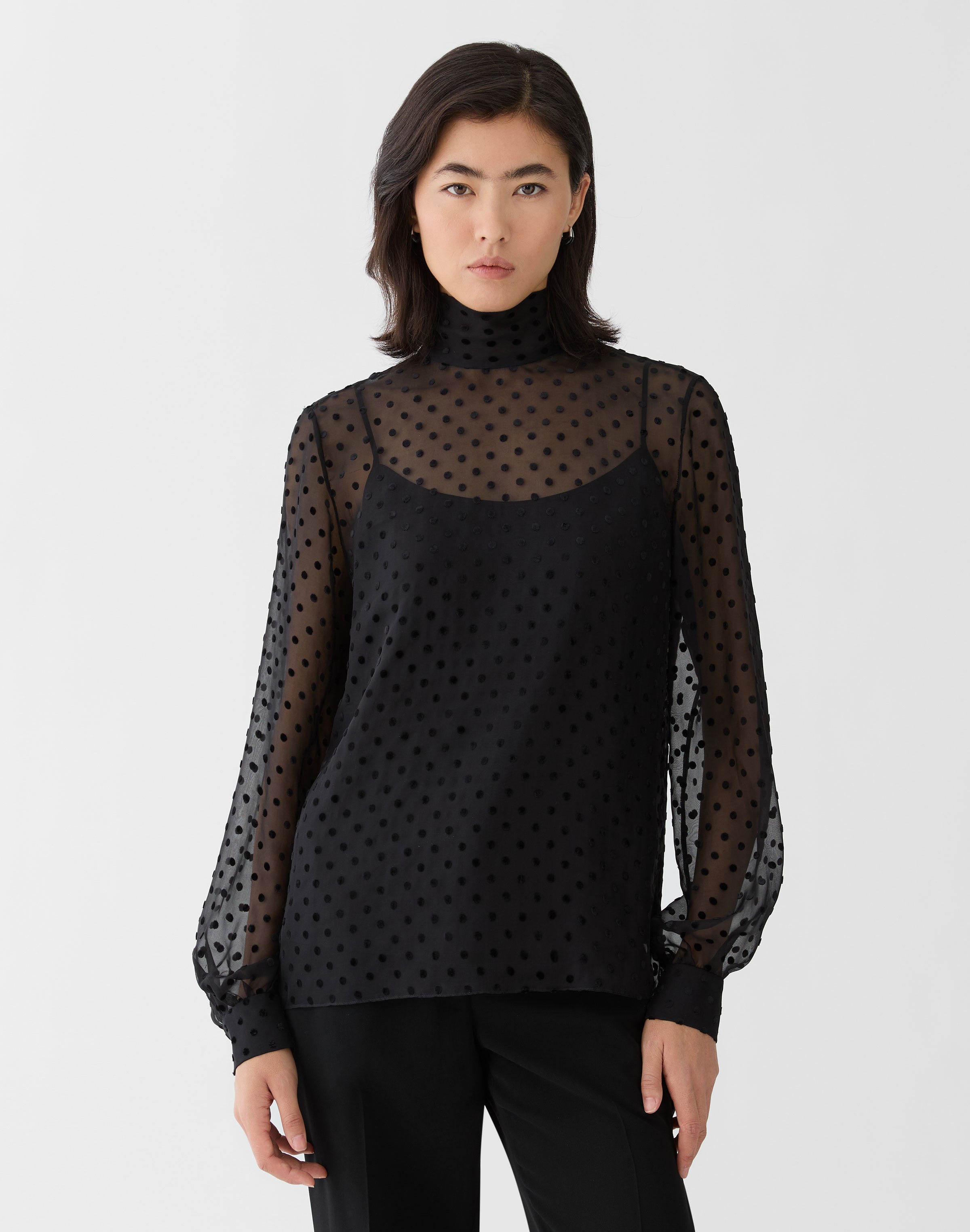Polka Dot Devoré High Collar Blouse
