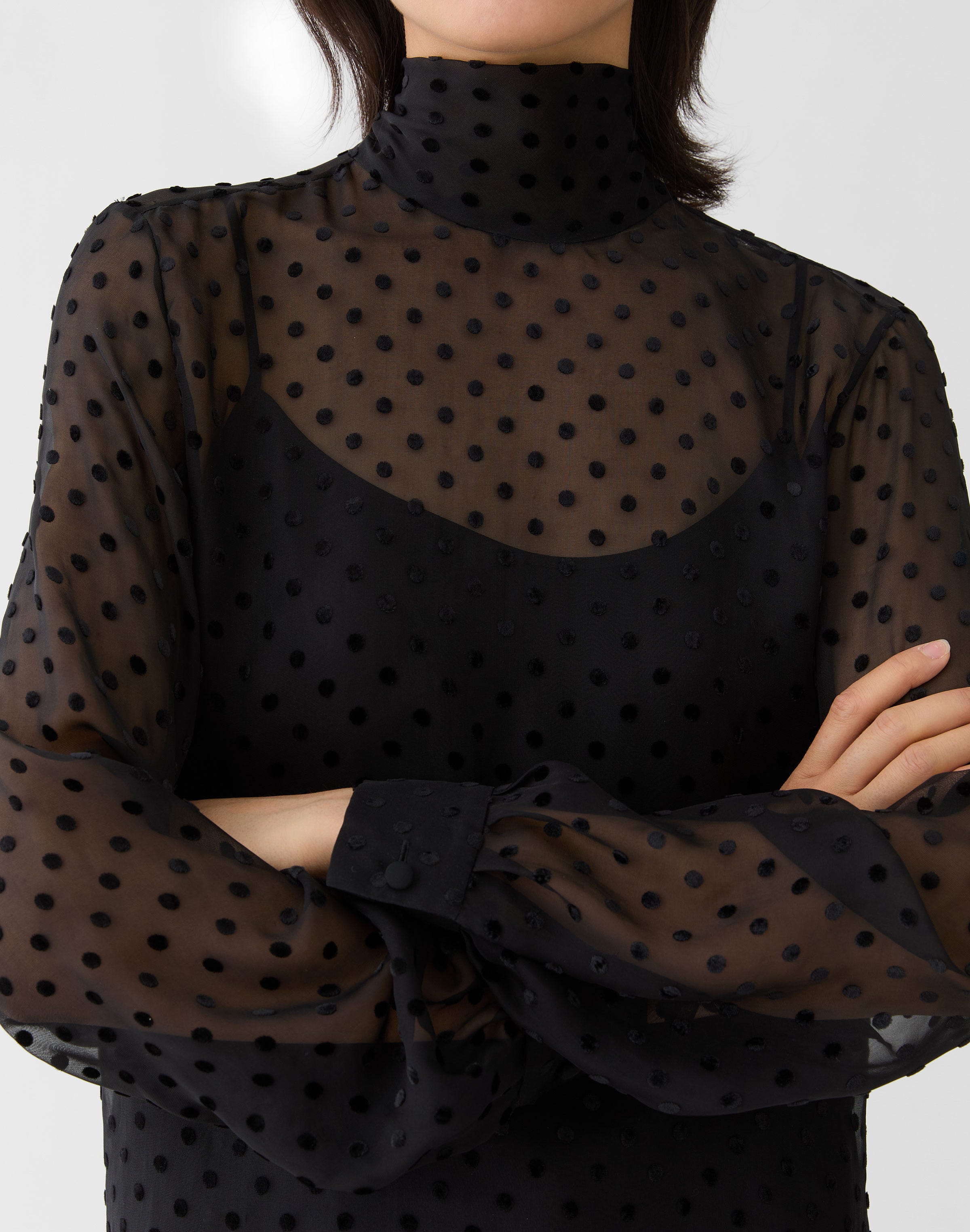 Polka Dot Devoré High Collar Blouse