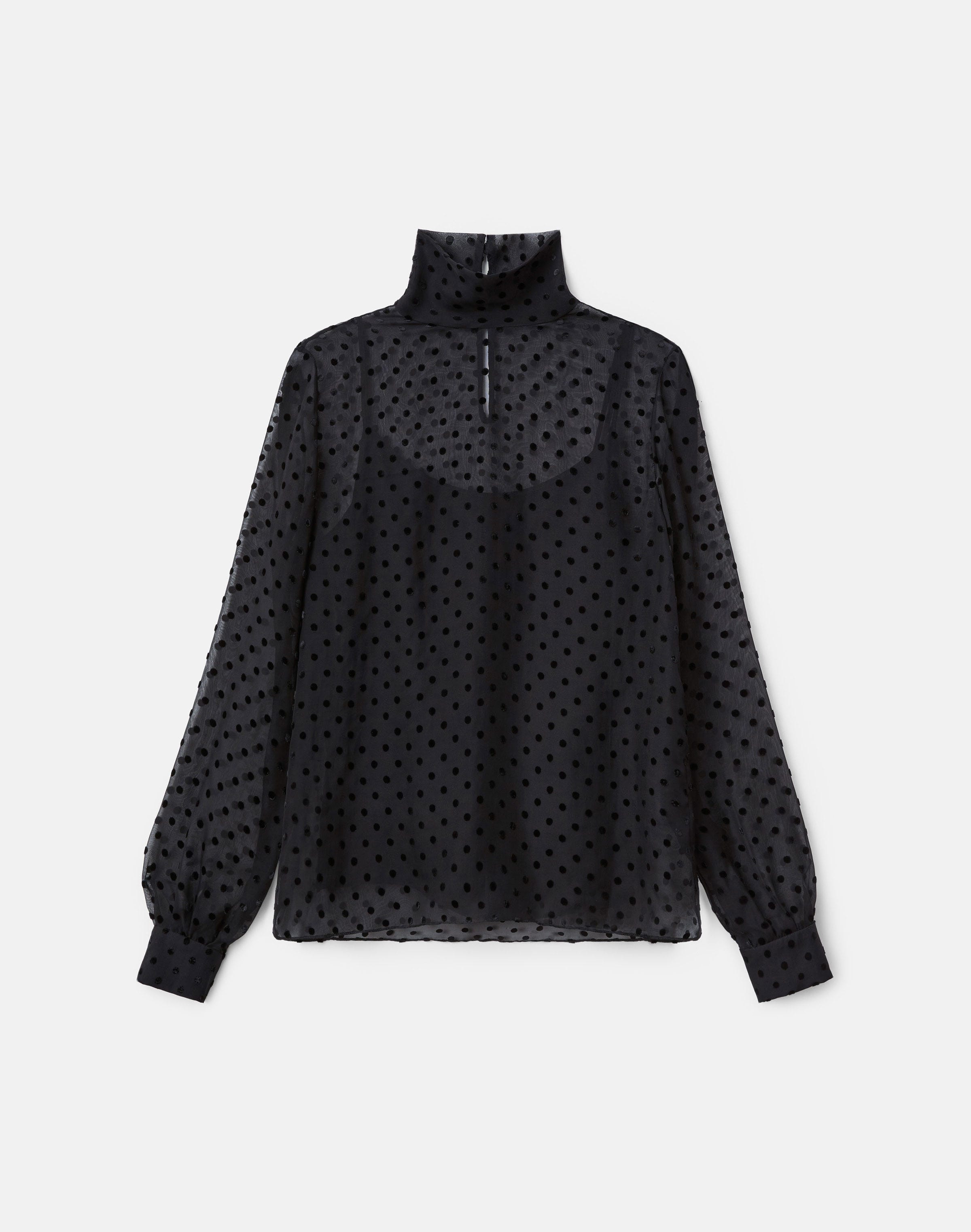 Polka Dot Devoré High Collar Blouse