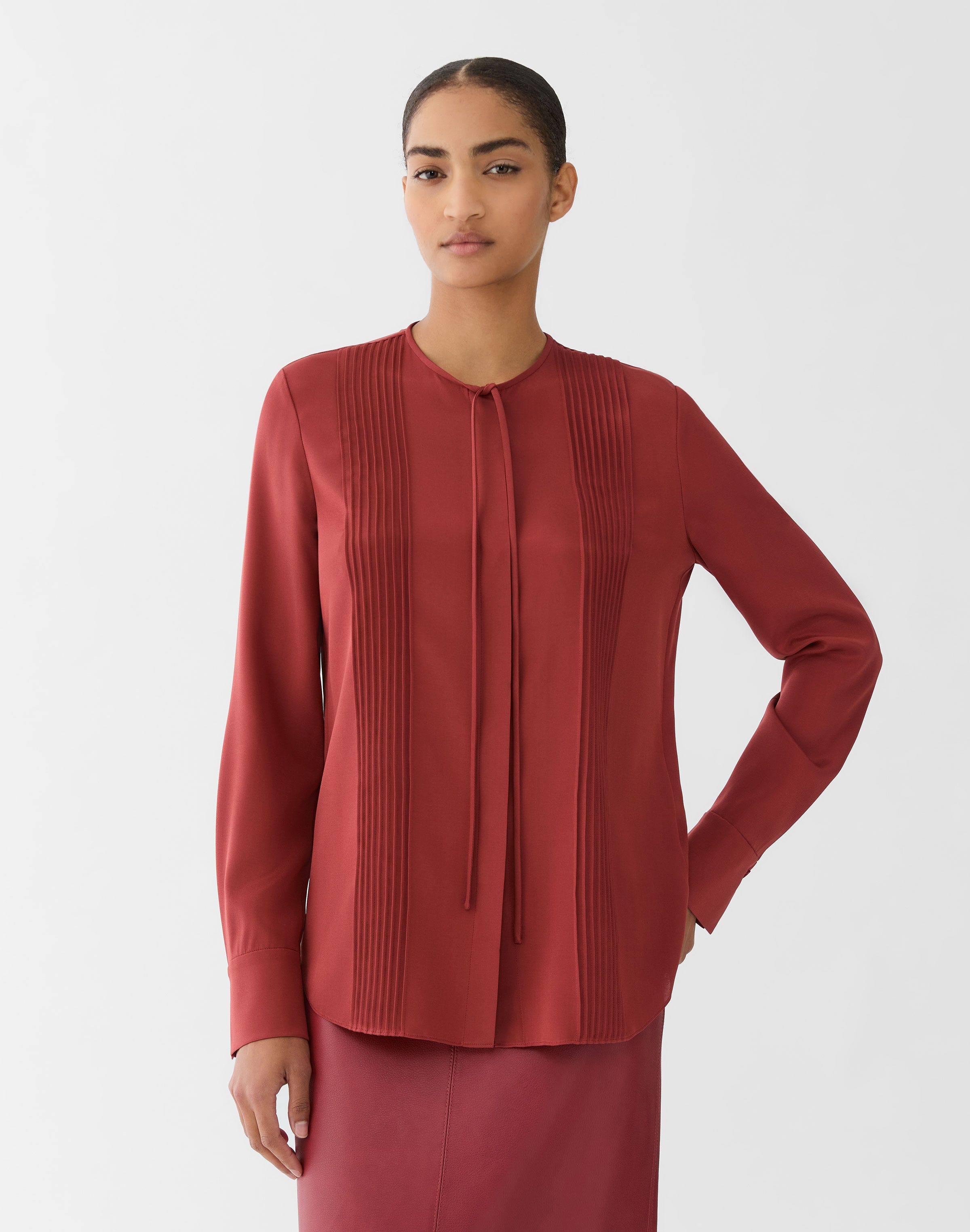 Petite Organic Silk Stretch Georgette Ls Blouse W/ Pintucks