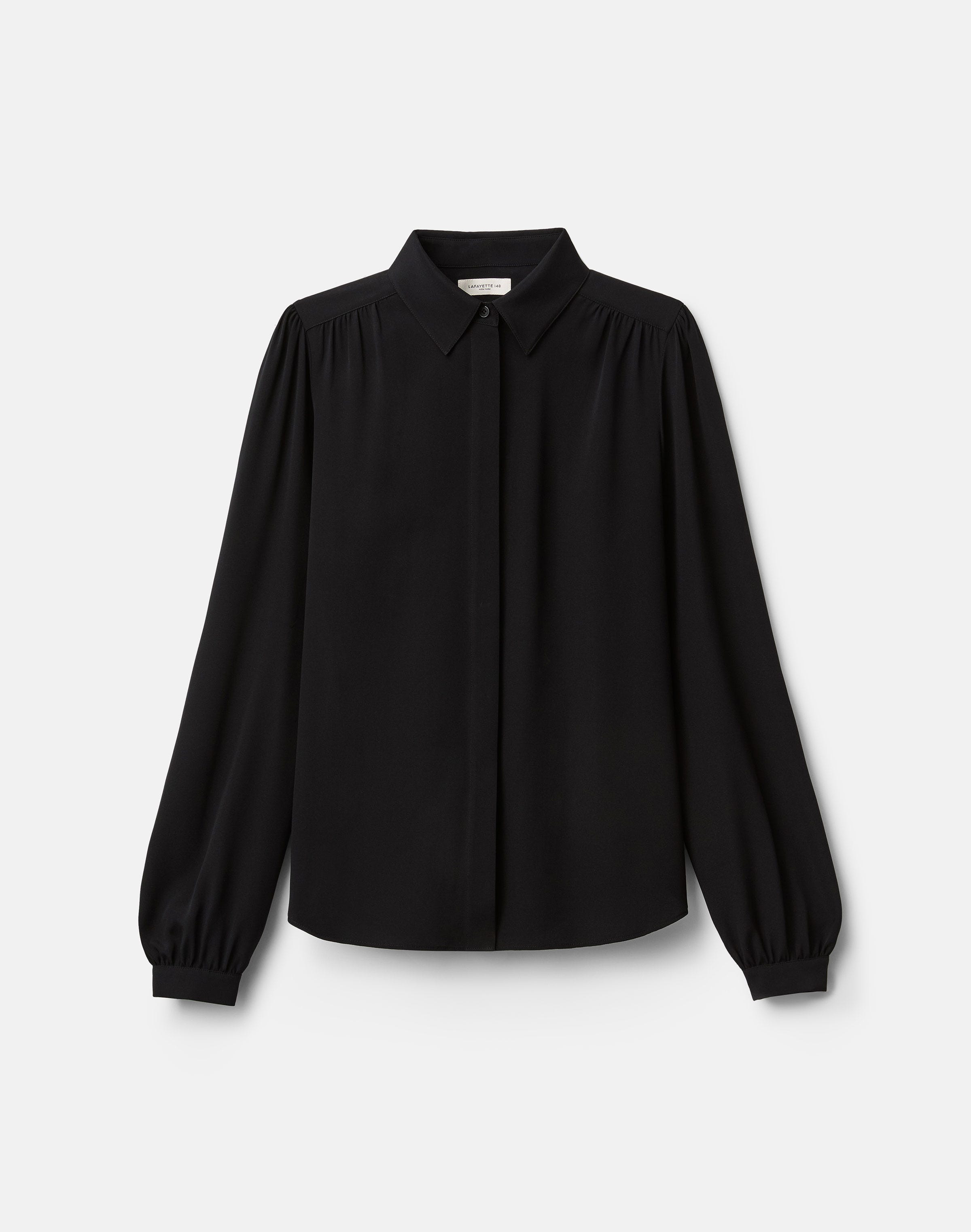 Petite Organic Silk Stretch Georgette Ls Blouse W/ Shirring