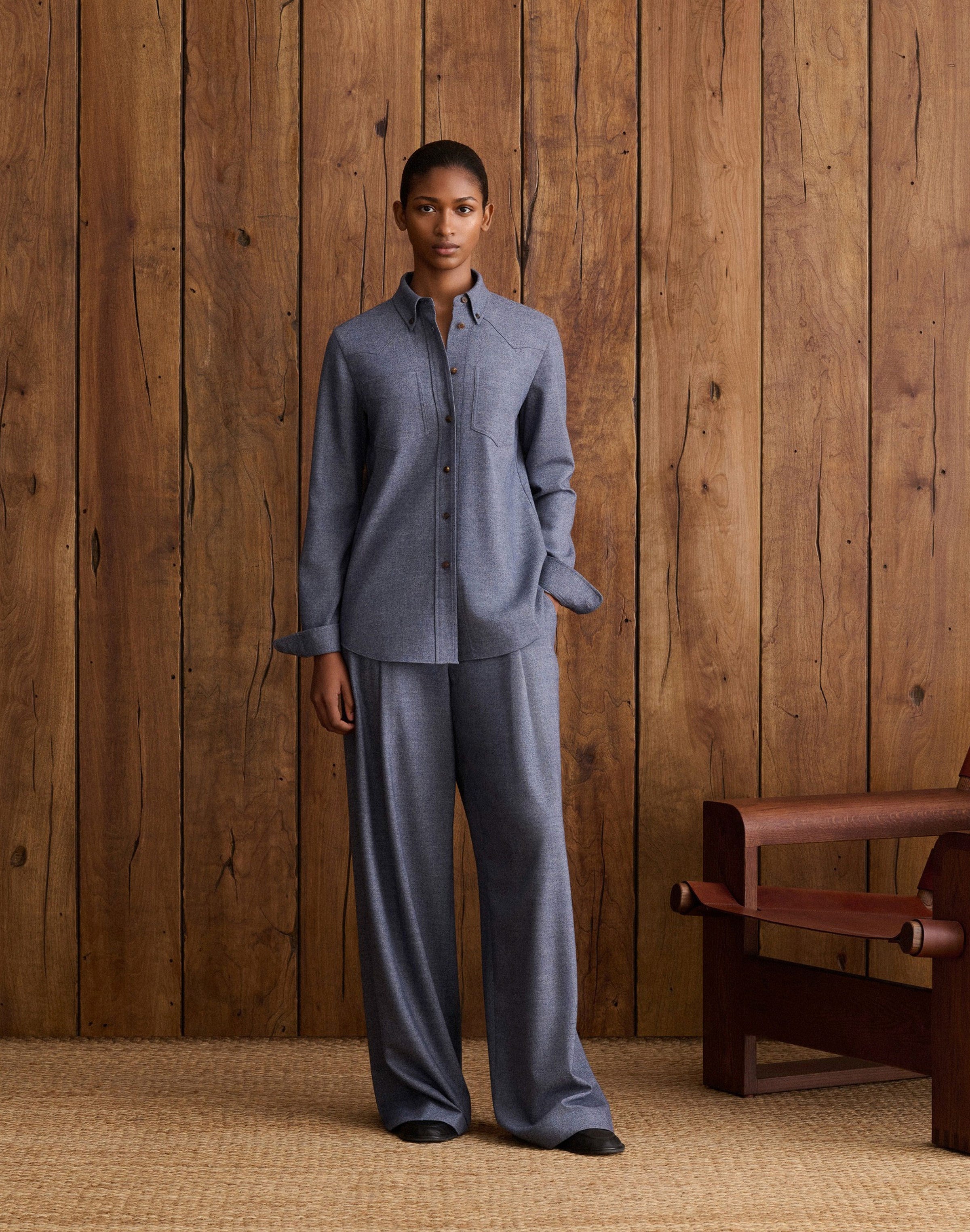 Denim-Effect Wool-Cashmere Flannel Western Blouse and Astor Pant