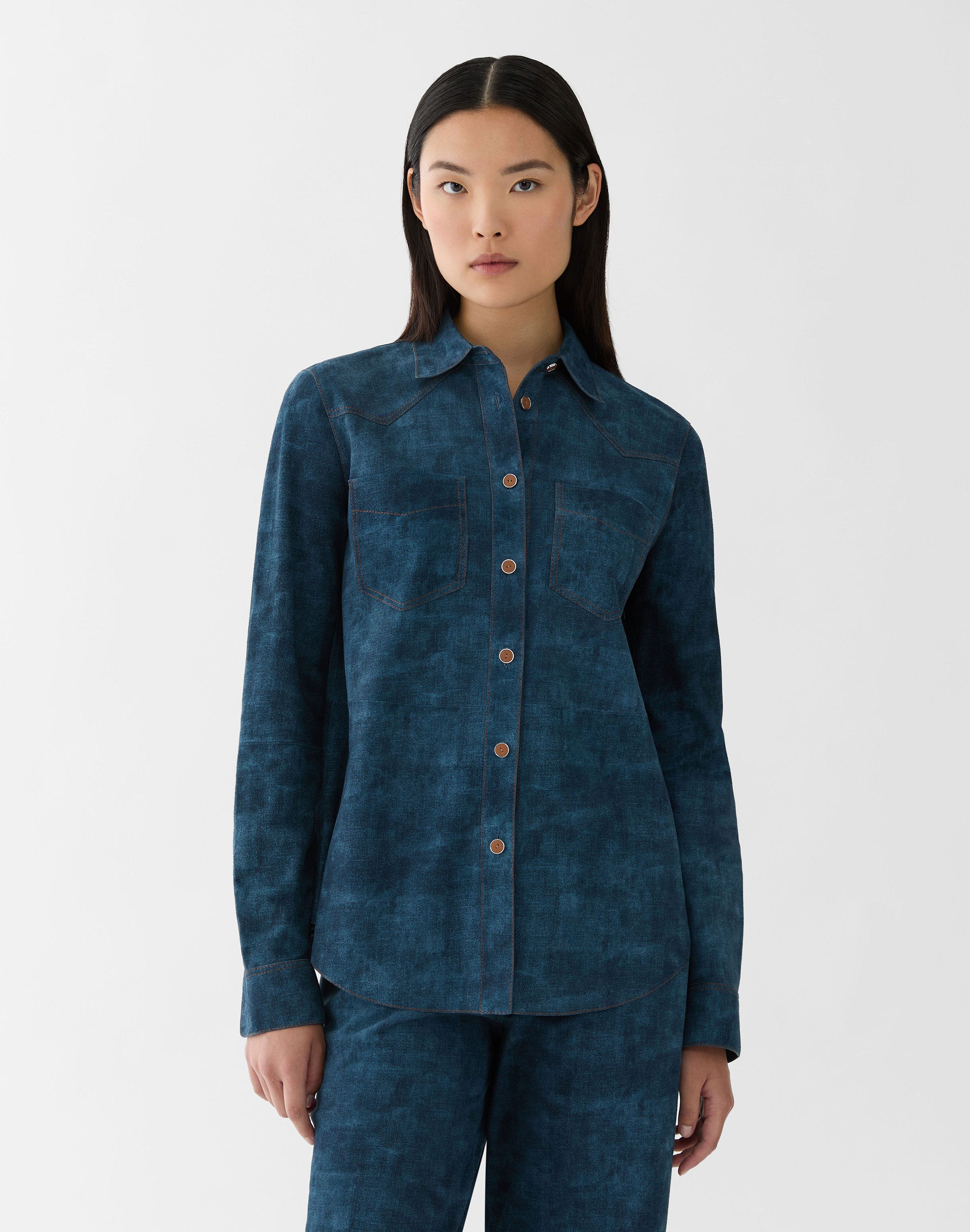 Denim-Effect Suede Western Blouse