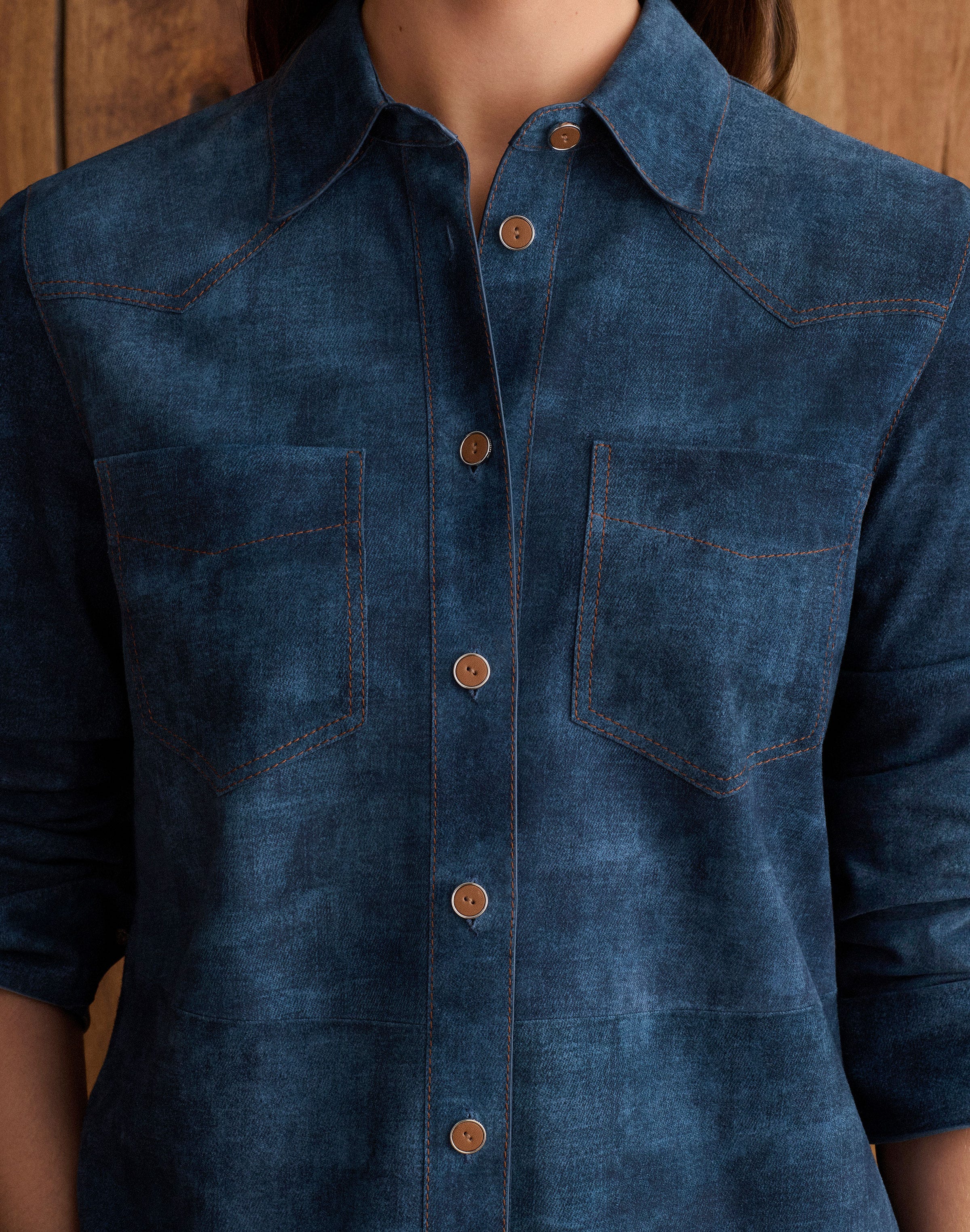 Denim-Effect Suede Western Blouse