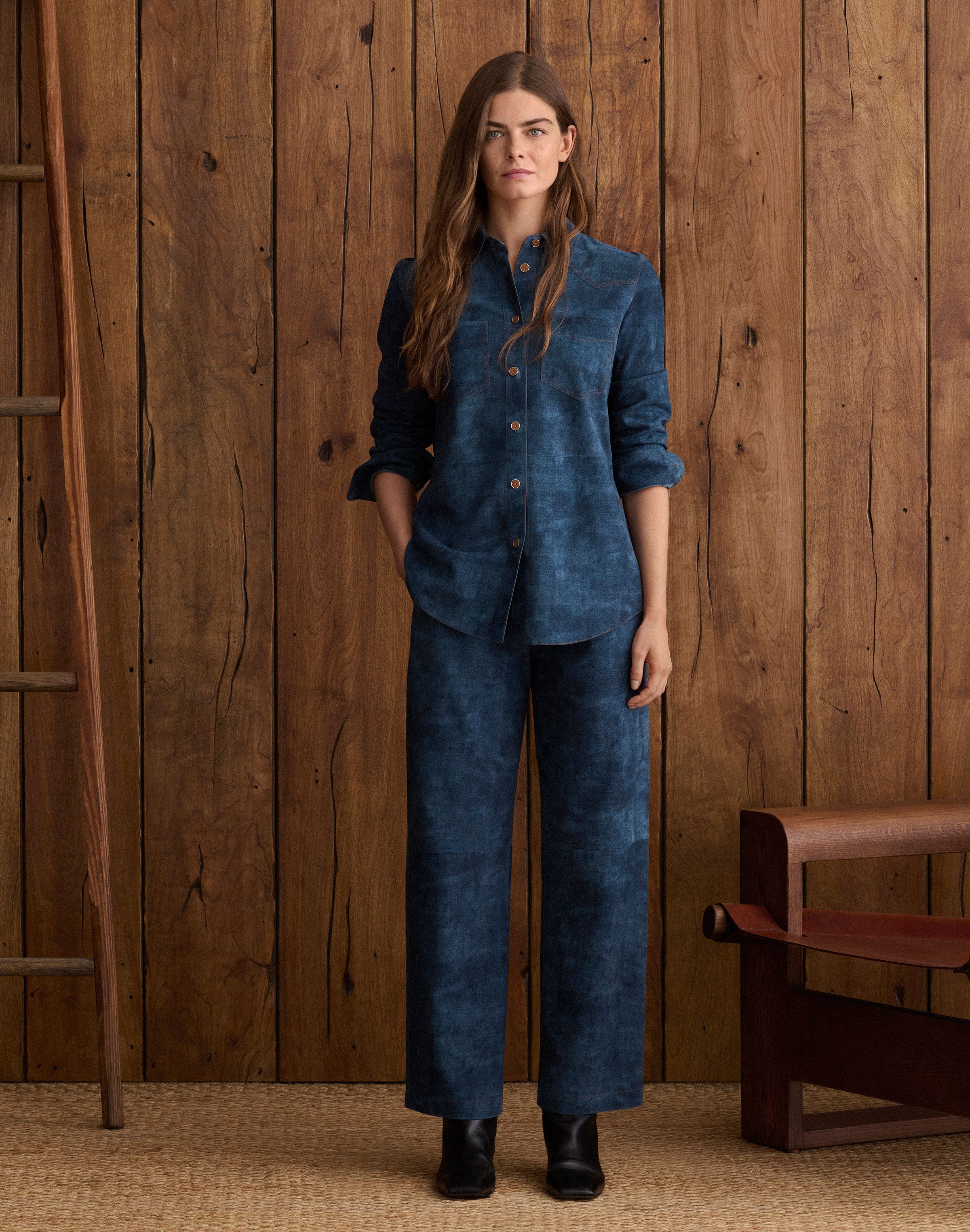 Denim-Effect Suede Western Blouse