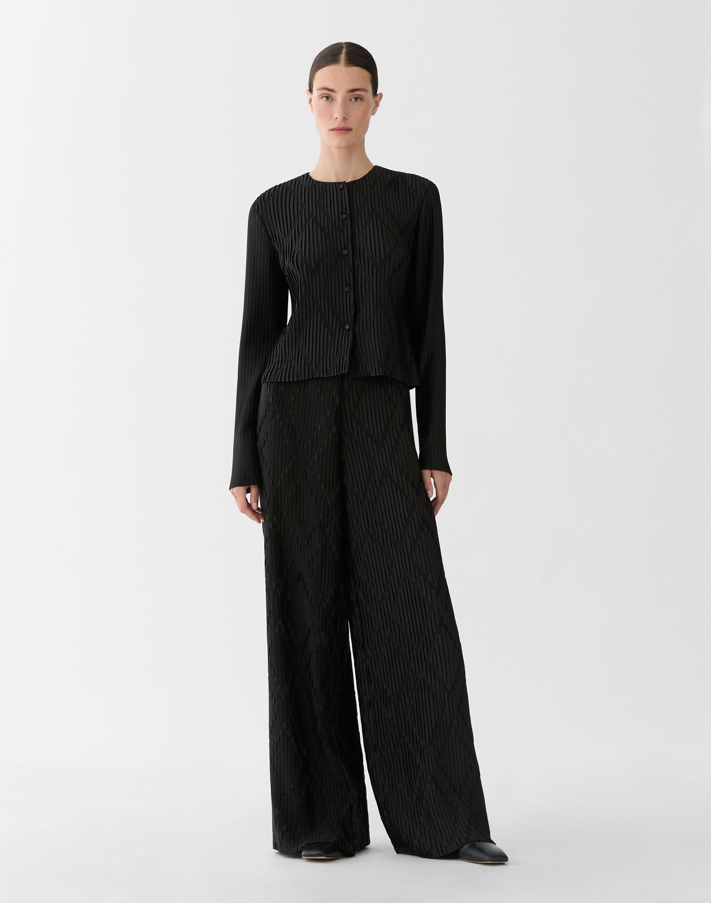 Geo Satin Plissé Cardigan Jacket